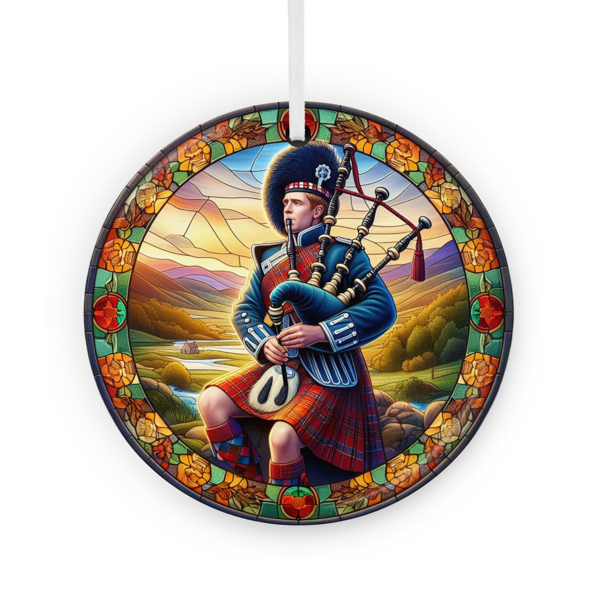 Scottish Christmas Ceramic Ornament, (Not real stained glass but faux effect) Scottish Faux Effect Stained Glass Ornament, Scottish Bagpiper Hanging Ornament,Scotland Christmas Ornament 2.75"