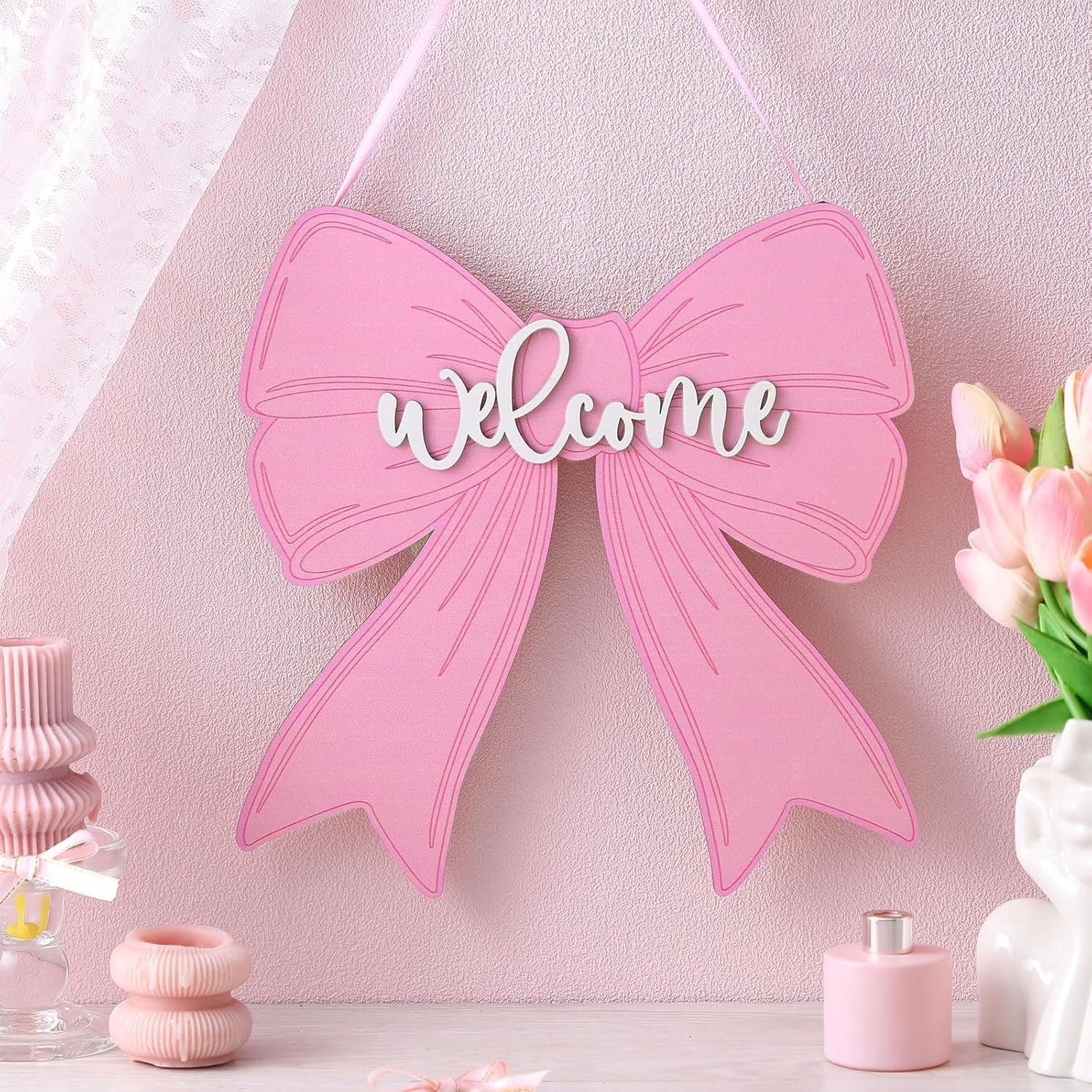 Pink Bow Welcome Sign – Hanging Wall Decor for Front Door, Nursery, Girls Room – Cute Ribbon Welcome Door Hanger Aesthetic Home Décor-image-18