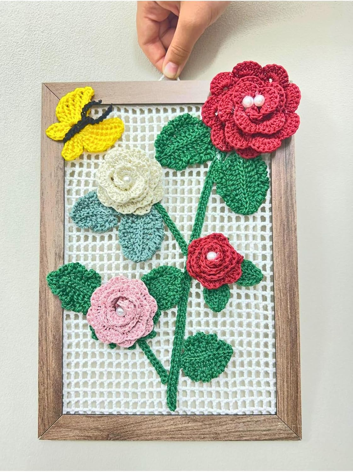 SODEF Handmade Macrame Wall Hanging 8 x 12 inches Wood Frame Rose Butterfly Theme Boho Chic Decor for Living Room Office Artisan Crafted - Red, 8x12 inch