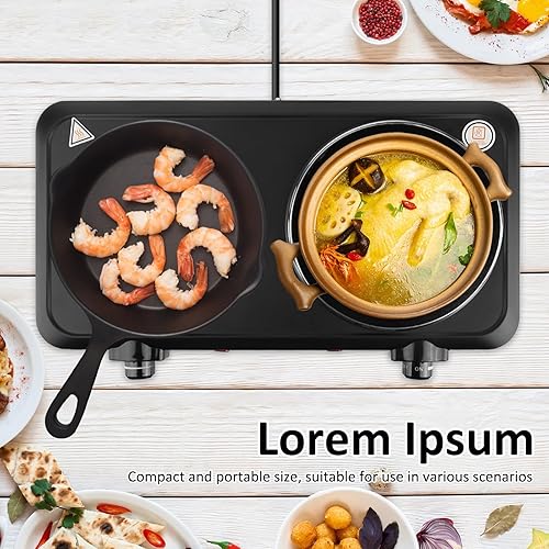 Miniatura 2 de Estufa eléctrica portátil, estufa eléctrica de doble quemador de 2000 W, quemadores infrarrojos para cocinar, quemadores dobles con placa de vidrio