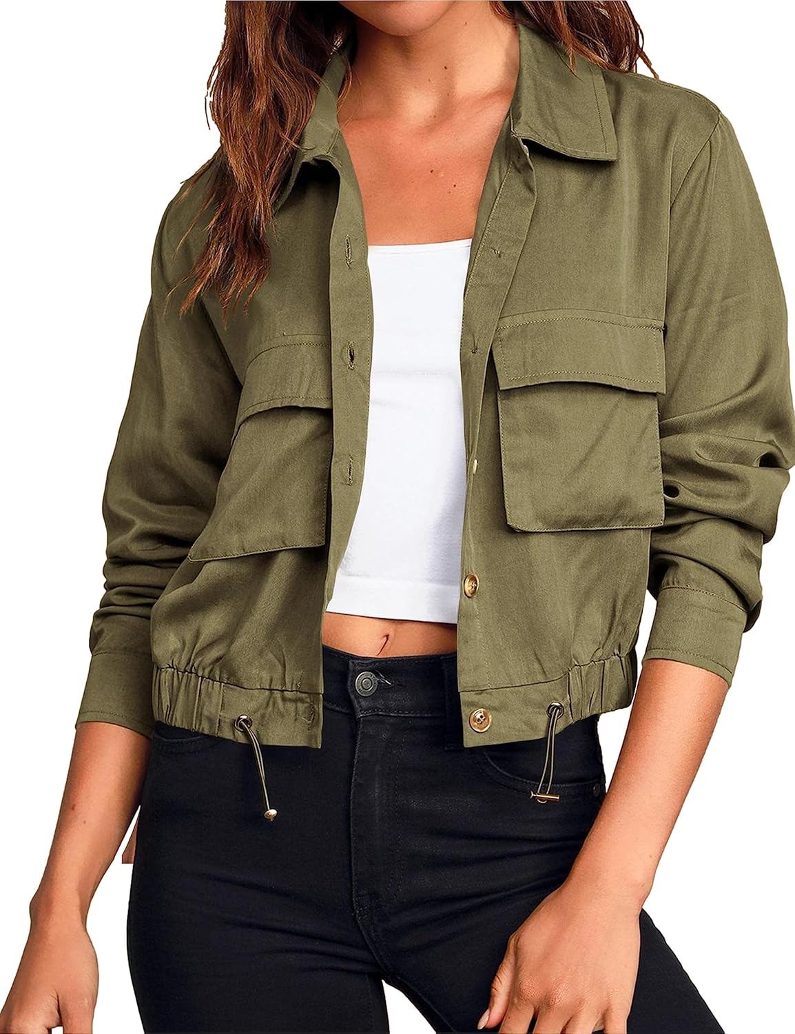 Womens Military Safari Cropped Jacket Casual Button Down Lightweight Drawstring Utility Anorak Coat with Pockets