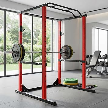 Power Gym Cage with Protection Arm, 1200 Lbs Capacitys Adjustable Squat Power Rack, 44.3 x 45.6 x 81.5 Inch, 14.0 sq.ft Footprint Fitness Comprehensive Power Cage for Home Gym