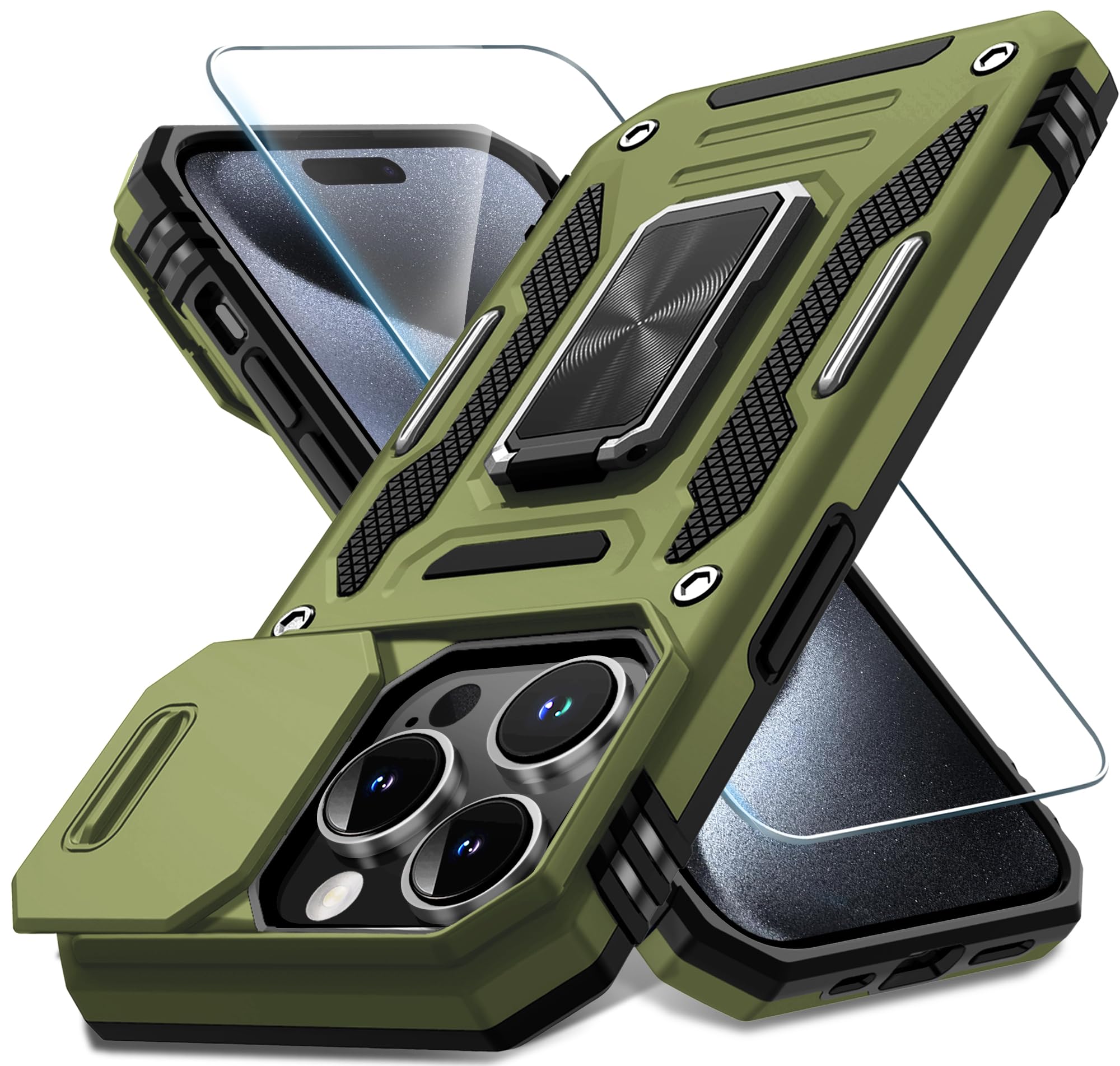 DEERLAMN Slide Camera Cover and Screen Protector for iPhone 15 Pro(6.1 Inch), Olive Green, Military Grade Shockproof Pro