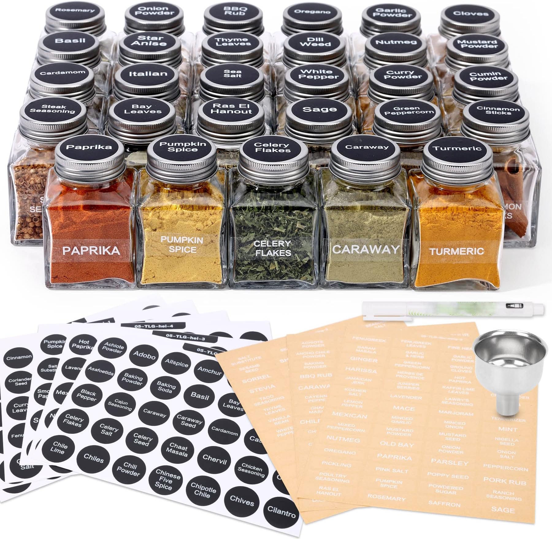 Unique Design Spice Jars with 372 Labels, 29-Pack 4.5 oz Personalized Cubic C...