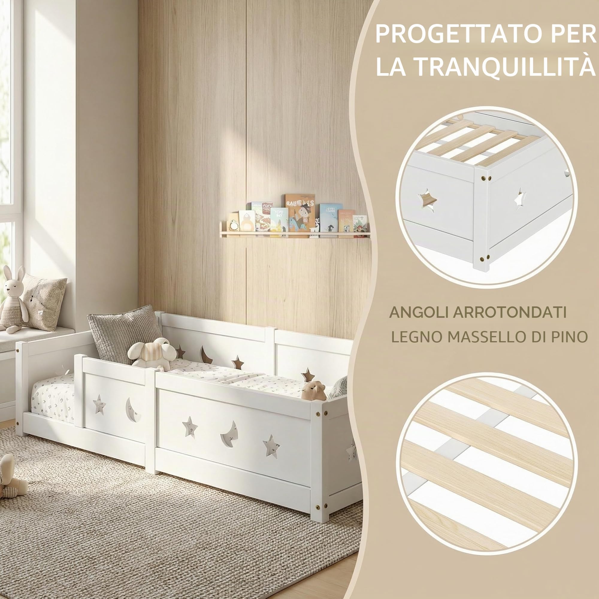 Montessori Letto a Pavimento 90 x 200 cm, Letto a Terra 90x200, Bianco, Letto a barriere per bambini con protezione contro le cadute e rete a doghe in legno per bambini