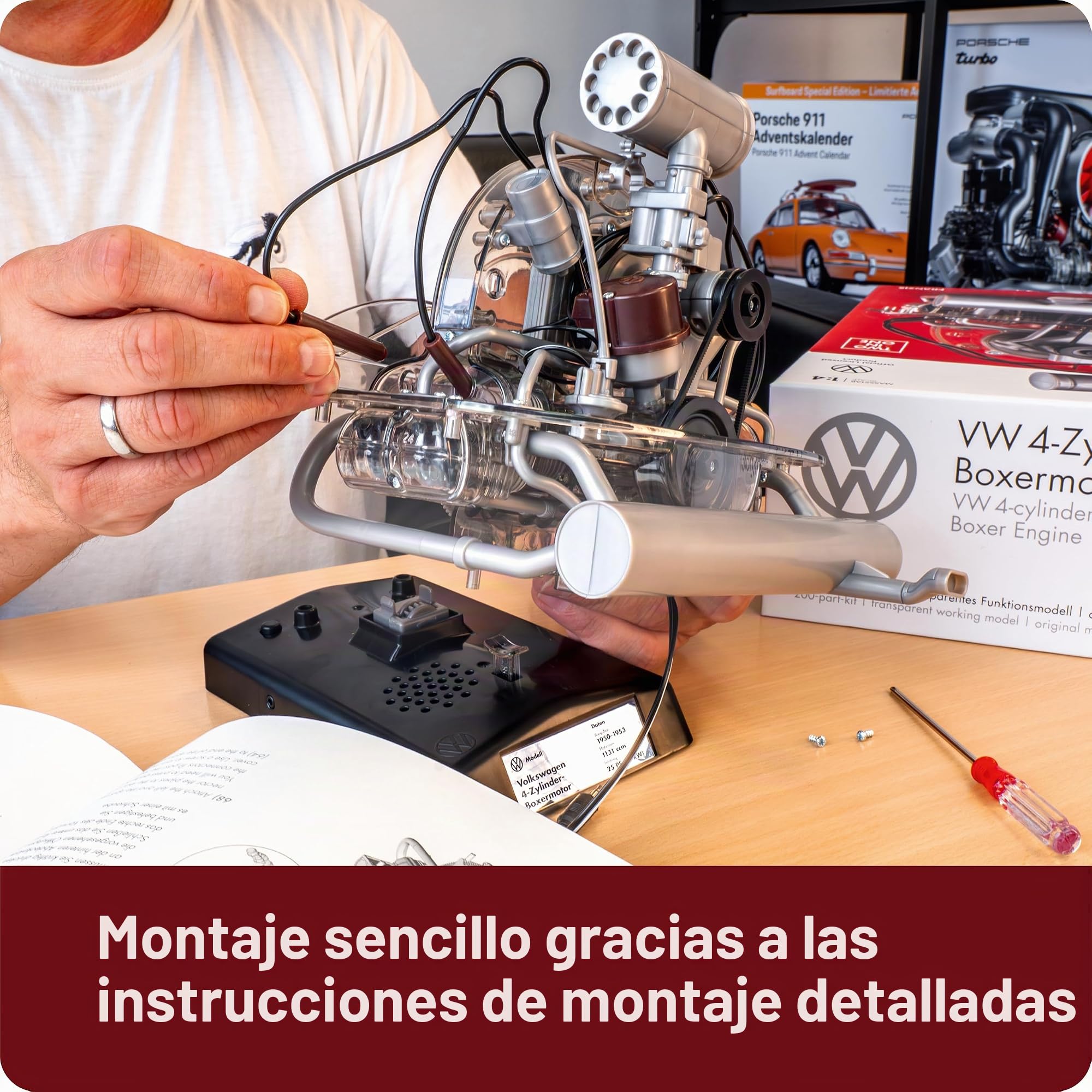 FRANZIS 67308 – Volkswagen VW 4 Cilindros Motor Boxer 2 en 1, Fiel Motor a Escala 1:4, Incluye módulo de Sonido, Instrucciones y Libro de acompañamiento de 100 páginas