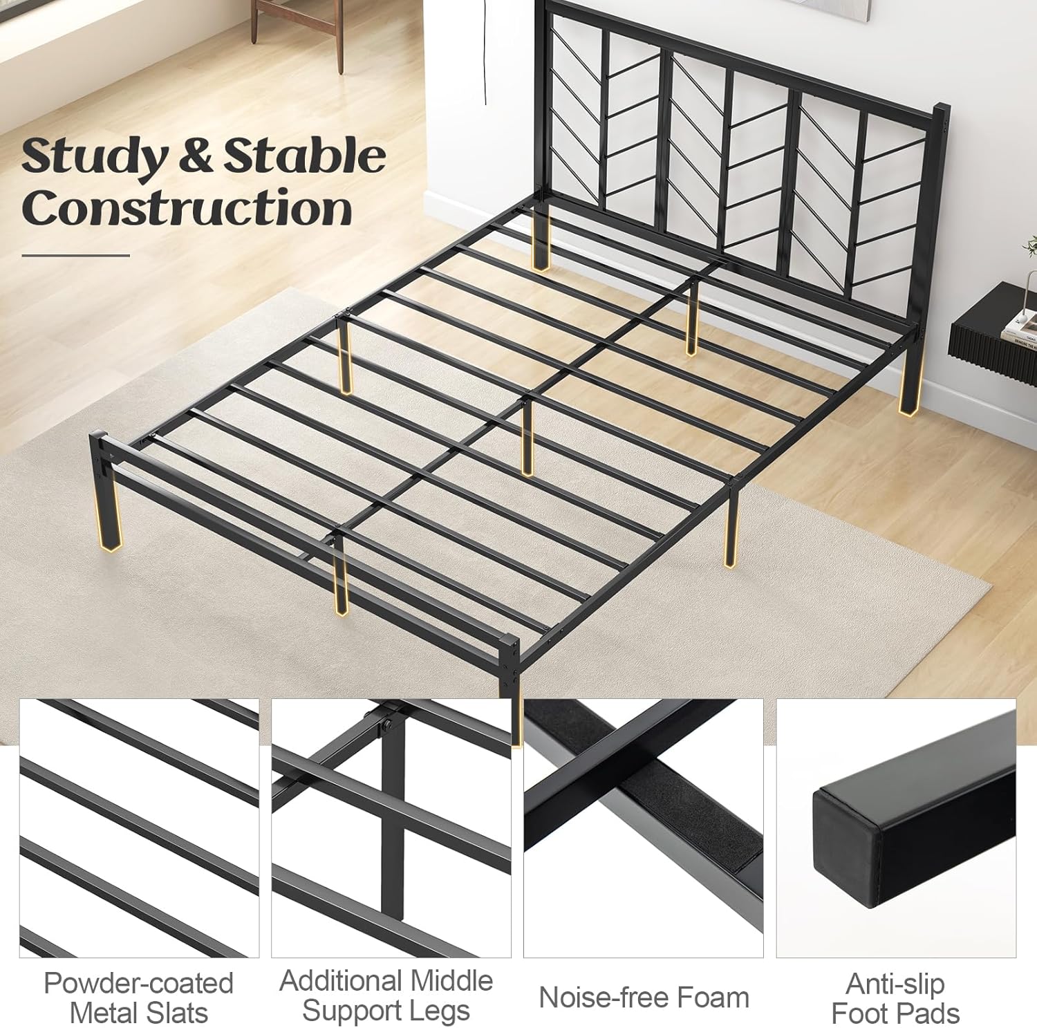KOMFOTT Queen Size Metal Platform Bed Frame with Headboard, Heavy Duty Bed Frame with 11.5” Under Bed Storage, Mattress Foundation, No Box Spring Needed, Noise Free, Easy Assembly (Black)