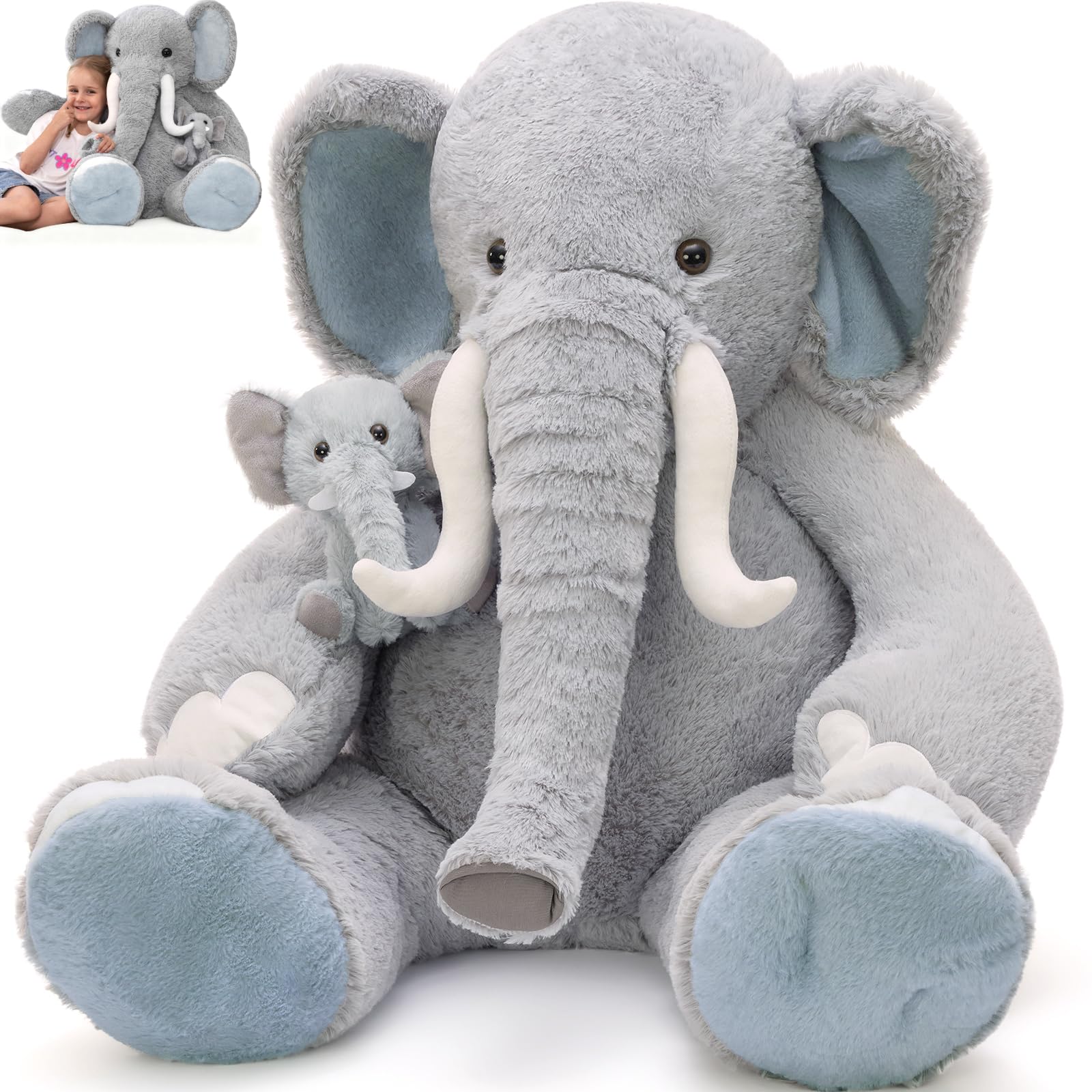 MorisMos XXL Elefante Peluche Gigante, 100cm Realistico Grigio Elefante Grande, Kawaii Morbido Animali di Peluche Regalo per Fidanzate Bambini Compleanno Natale Deco