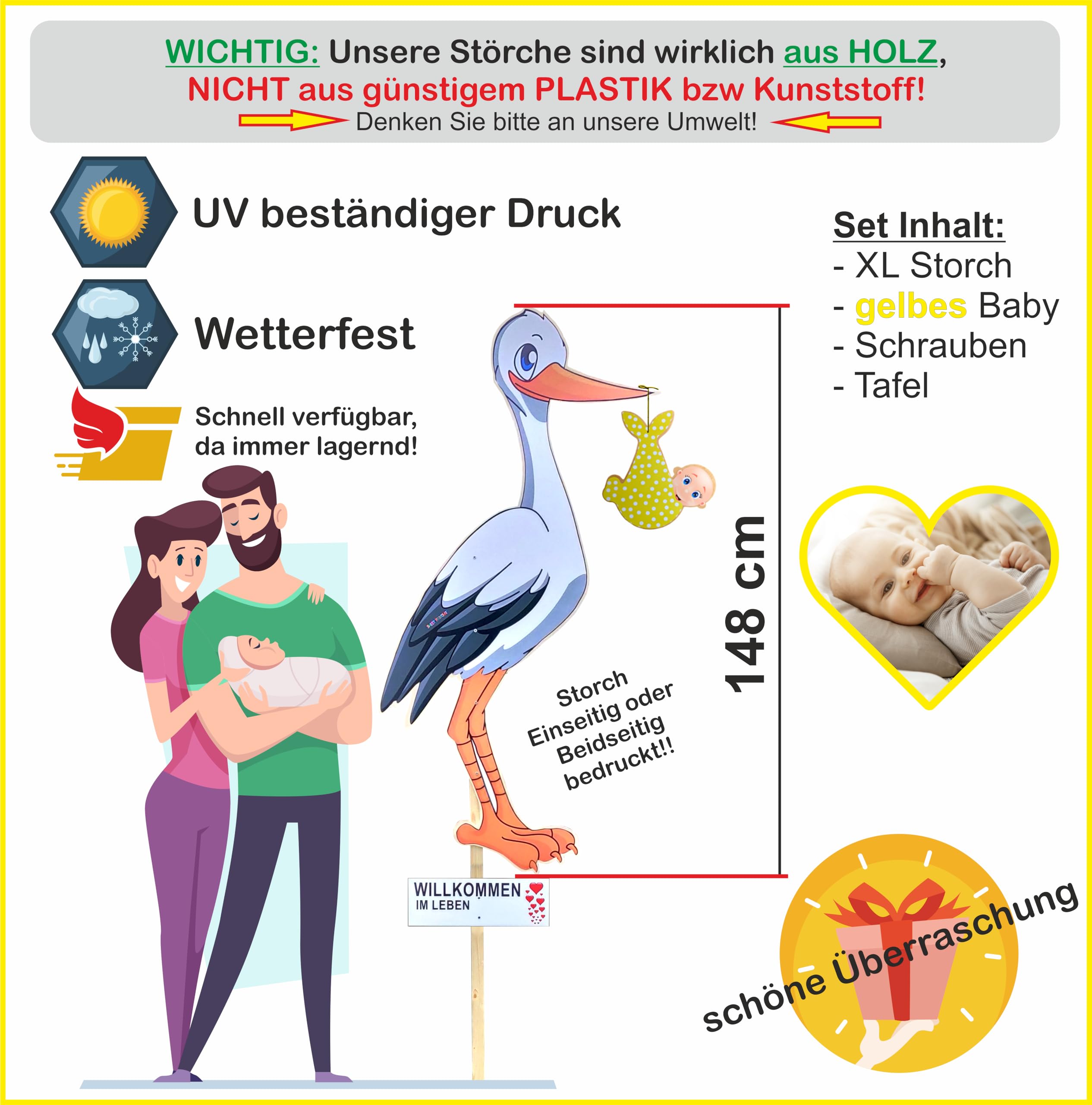 XL SET 148 cm- Babystorch aus HOLZ für Geburt NEUTRAL (Druck: ZWEISEITIG*) | Inklusive Beschriftungstafel & Baby in GELB, Klapperstorch zur Geburt, Holzstorch für draußen, Storch-Holz