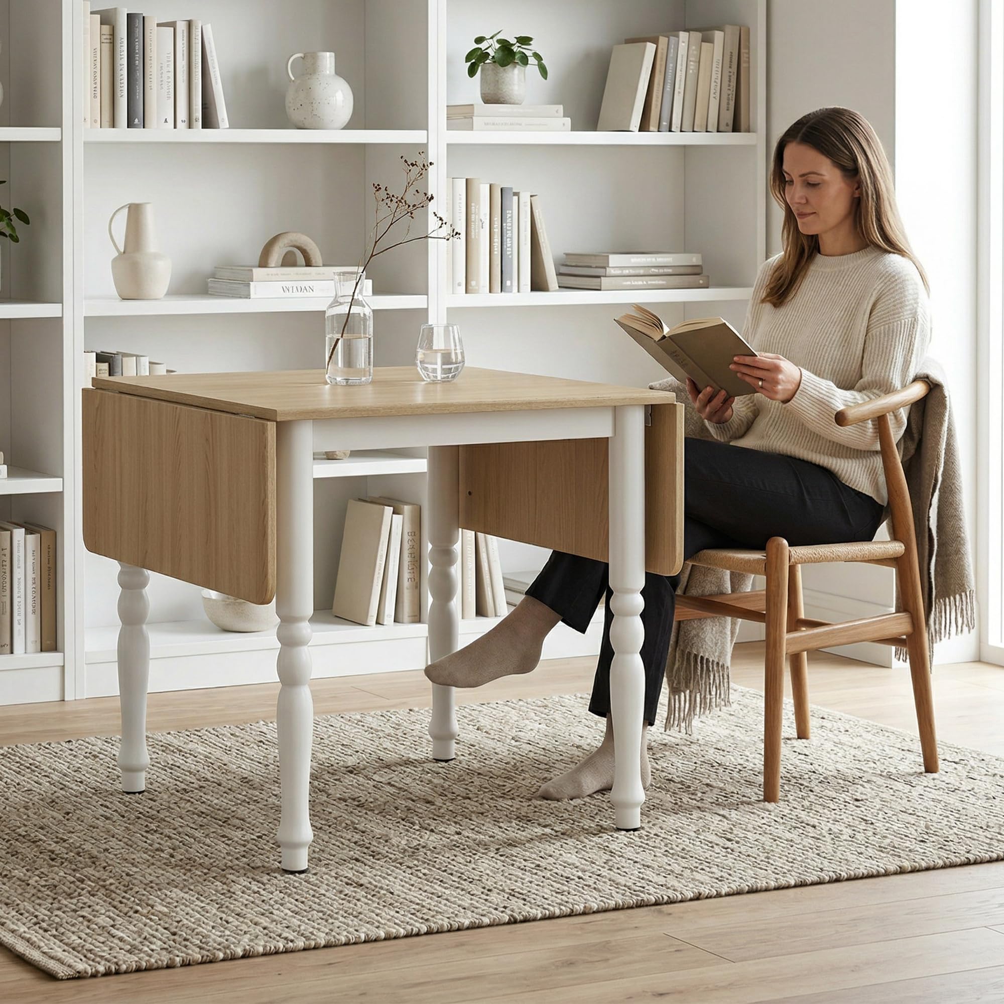 HOMCOM Tavolo da Pranzo Pieghevole per 2-6 Persone, 74-134x80 cm Tavolo Cucina a Ribalta con Gambe Tornite in Acciaio, Scrivania Richiudibile Salvaspazio per Soggiorno Sala da Pranzo, Legno Naturale