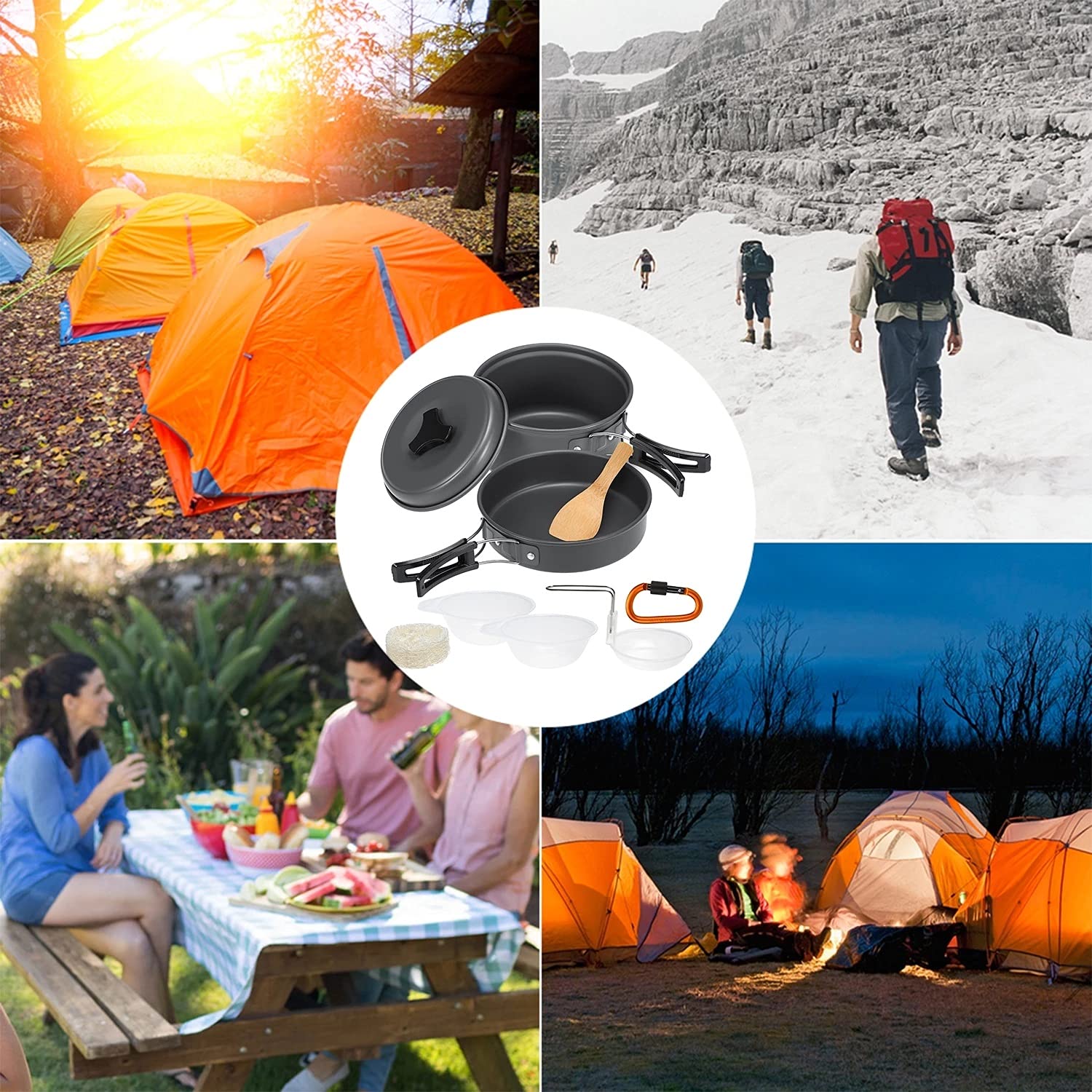 10-teiliges Set Geschirr Camping Kochgeschirr Kochset Kochset Kochen im Freien Picknickausrüstung Topf Pfanne Schüsseln Rucksackwandern Wanderausrüstung Set