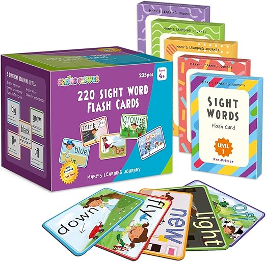 SpringFlower Sight Words Flash Cards with Pictures,Motions&Sentences, 220 Dolch Sight Words for Preschool, Kindergarten, 1st, 2nd & 3rd Grade.Homeschool, Learn to Read, Phonics Learning,235 Pieces