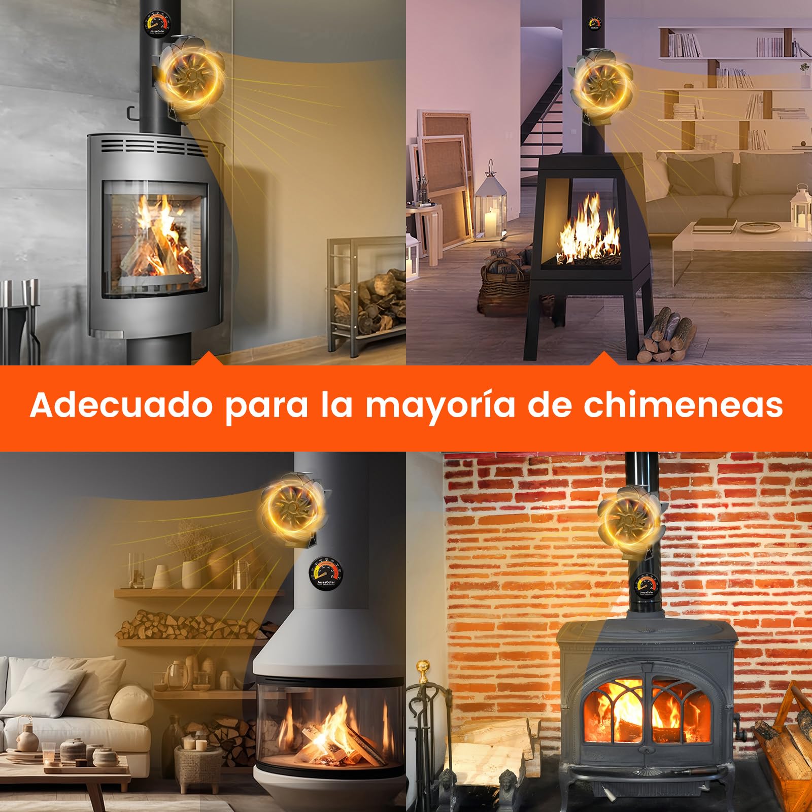 JossaColar Ventilador estufa leña Magnético 6 Aspas, ventilador chimenea leña con termómetro magnético, ventilador de chimenea, ventilador estufa