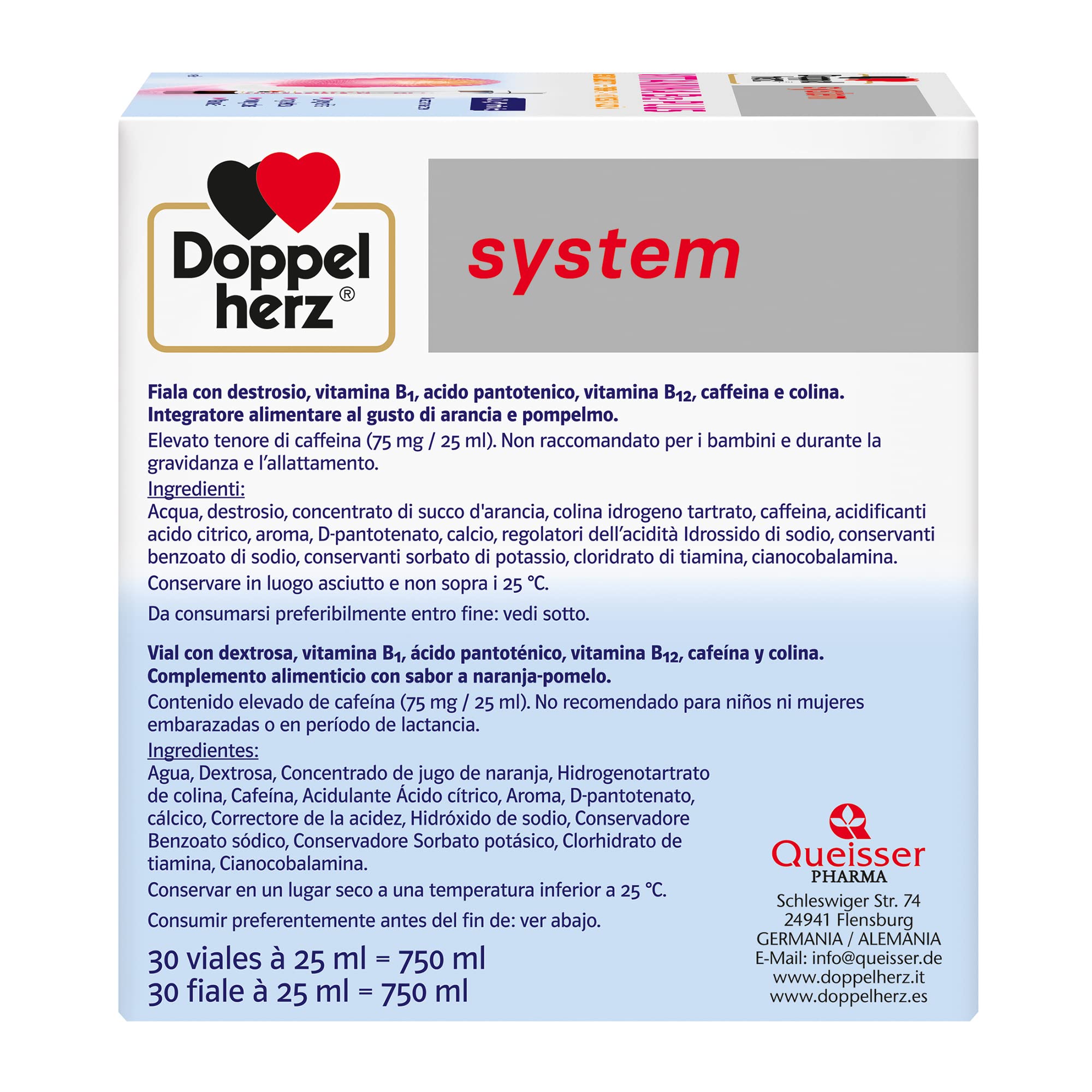 Doppelherz system VITAMINA B12 PLUS - Integratore Alimentare con Destrosio, Vitamine del Gruppo B, Caffeina e Colina, Sapore Arancia e Pompelmo - Senza Glutine e Lattosio - 30 Fiale