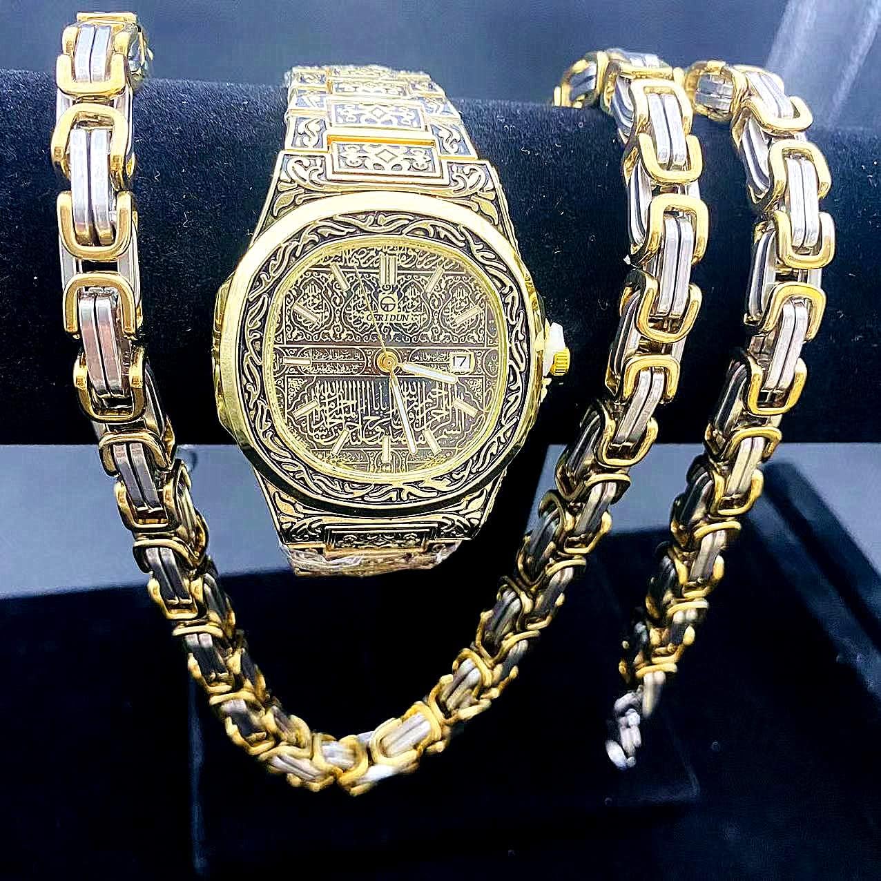 3PC Stainless Steel Necklace Bracelet Watch Set Vintage Calendar Business Classic Men's Watch Hip Hop Necklace Does Not Fade High-Grade Accessories Jewelry Set for Men (Gold 3PC)