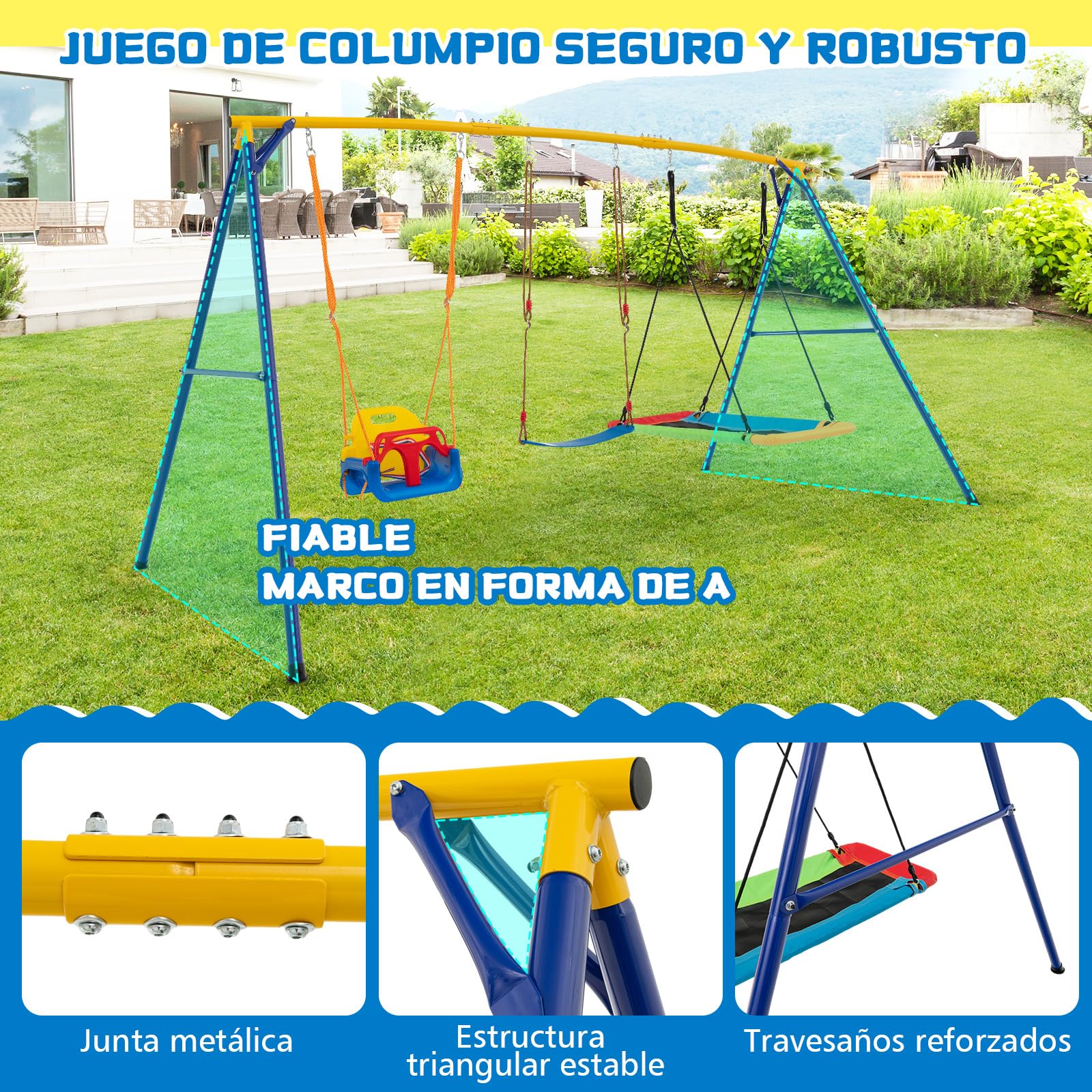 GOPLUS Columpio de Exterior de 3 plazas, Capacidad de Carga 300 kg con cinturón Ajustable, Columpio de Surf y Asiento de Columpio de bebé para jardín y terraza, para niños de 3-10 años