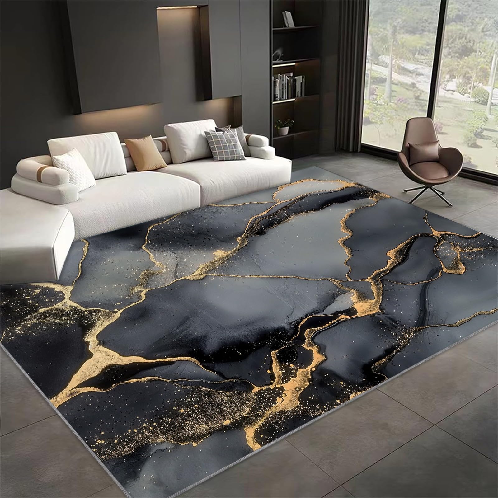 Générique Tapis Chambre 80x150cm Marbre Gris Noir Tapis Salon Doux à Poils Courts, Tapis Lavable en Machine, Moquette Style Imprimé 3D, Tapis Antidérapant Intérieur Moelleux
