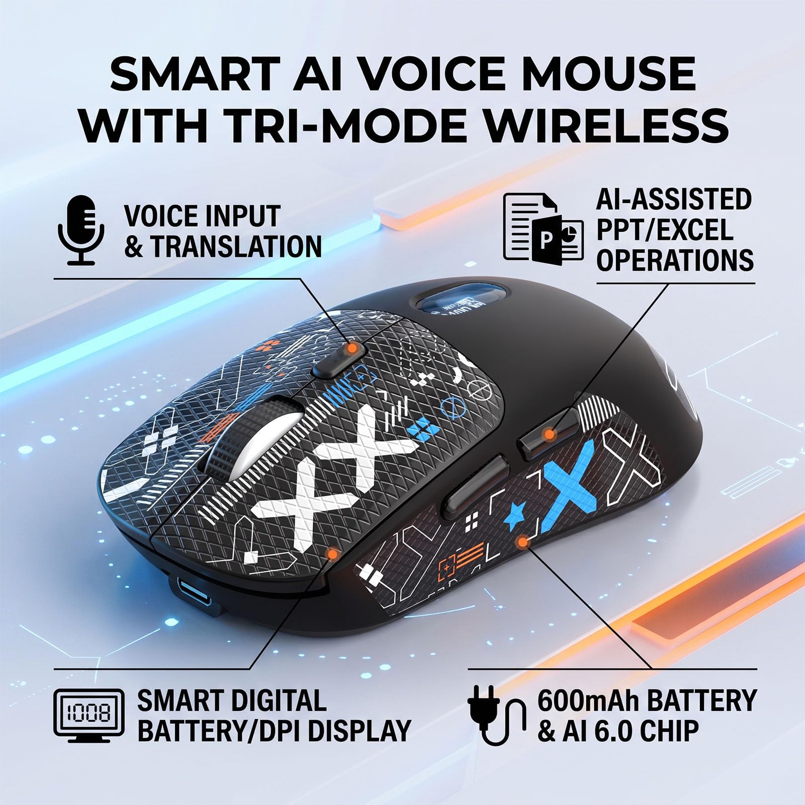 Denash Ratón de Voz AI, Bluetooth Inalámbrico de 3 Modos 2.4G con Cable