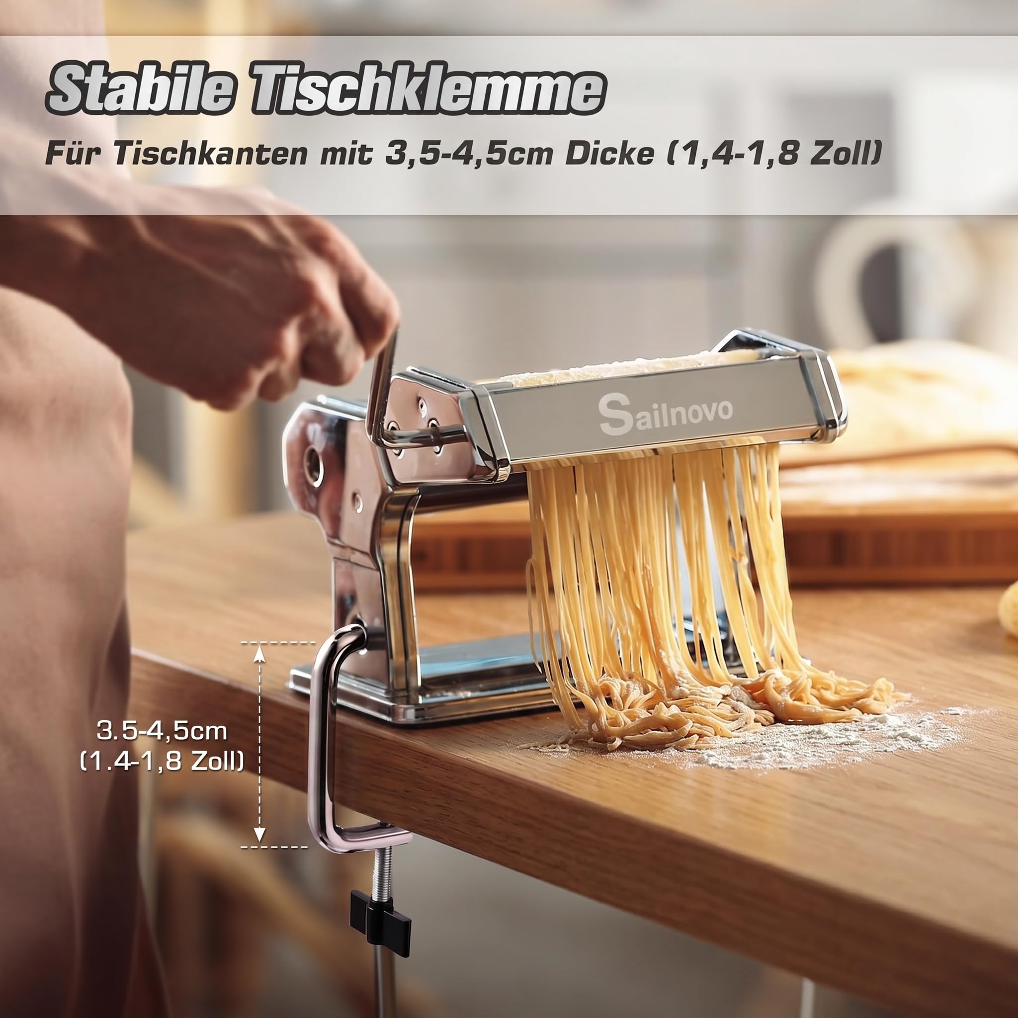 Sailnovo Nudelmaschine Pasta Maker 180 Aluminiumlegierung mit 9 Einstellbaren Stärkeeinstellungen und 2 Schneidern, Nudelmaschine Manuell für Spaghetti, Fettuccini, Lasagne, Geschenk (Silber)
