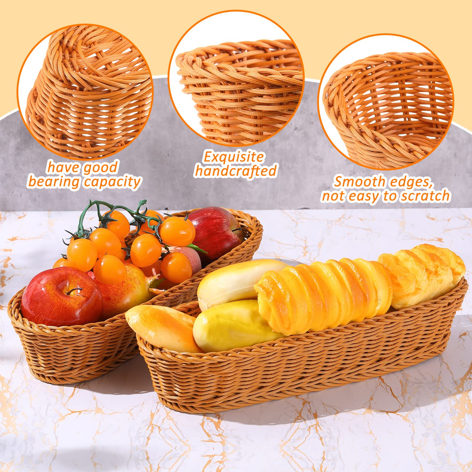 Lot de 10 paniers à pain ovales en plastique pour servir de longs 35,6 x 14,5 x 7,6 cm - Paniers tissés vides pour cadeaux, aliments, cuisine, rangement de fruits, restaurant, décoration de la maison