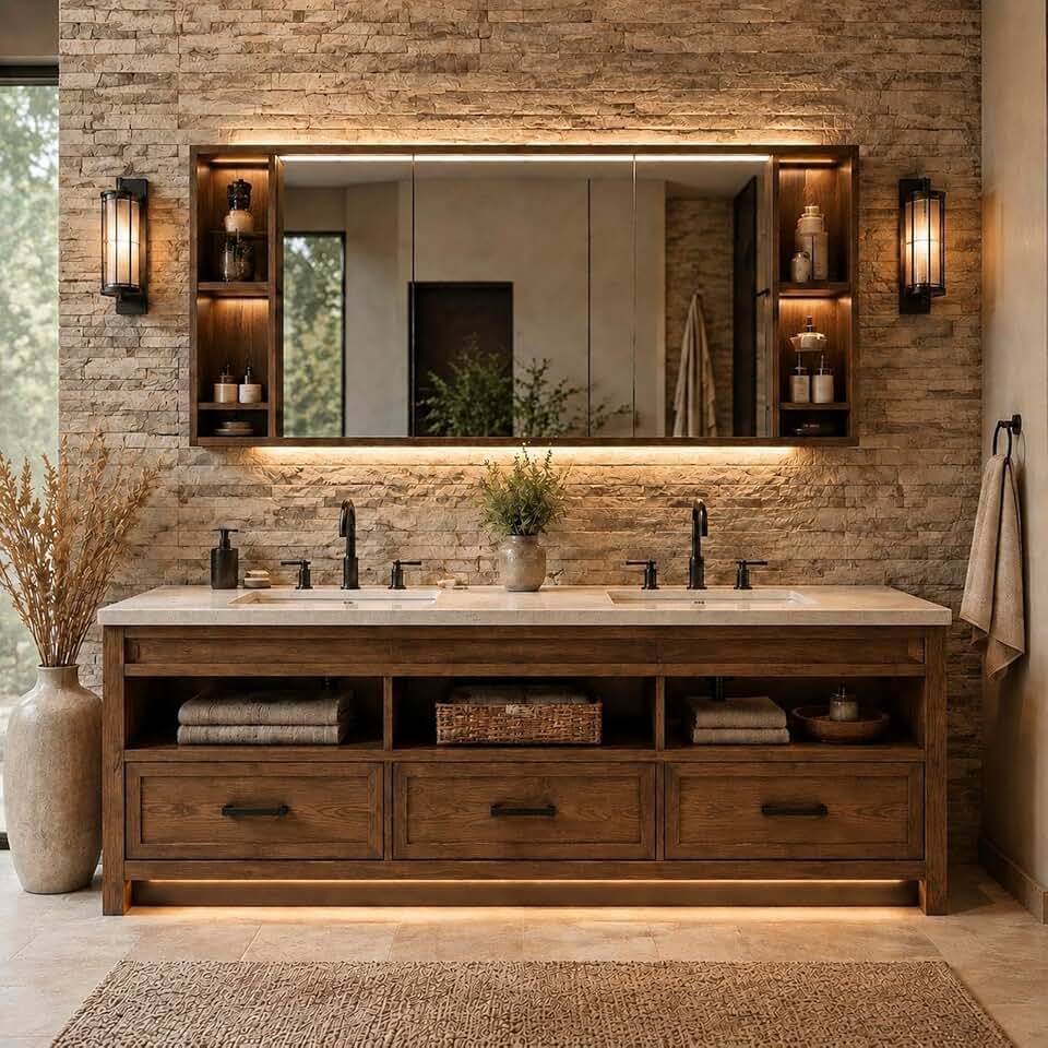 110 IN Freestanding Double-Sink Bathroom Vanity with LED Mirror Cabinet