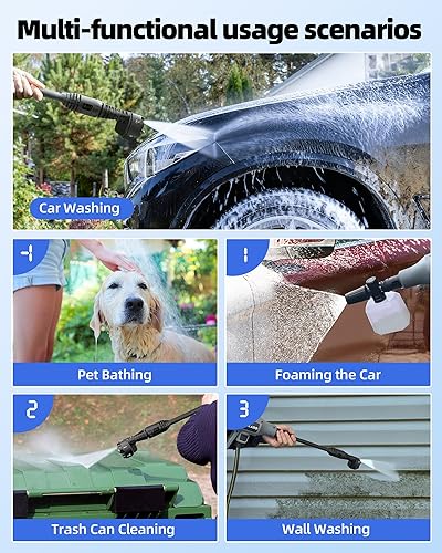 Miniatura 7 de Lavadora a presión inalámbrica de 1080 PSI con 2 baterías de 3.0 Ah, lavadora eléctrica portátil con boquilla 6 en 1, cañón de espuma, manguera,