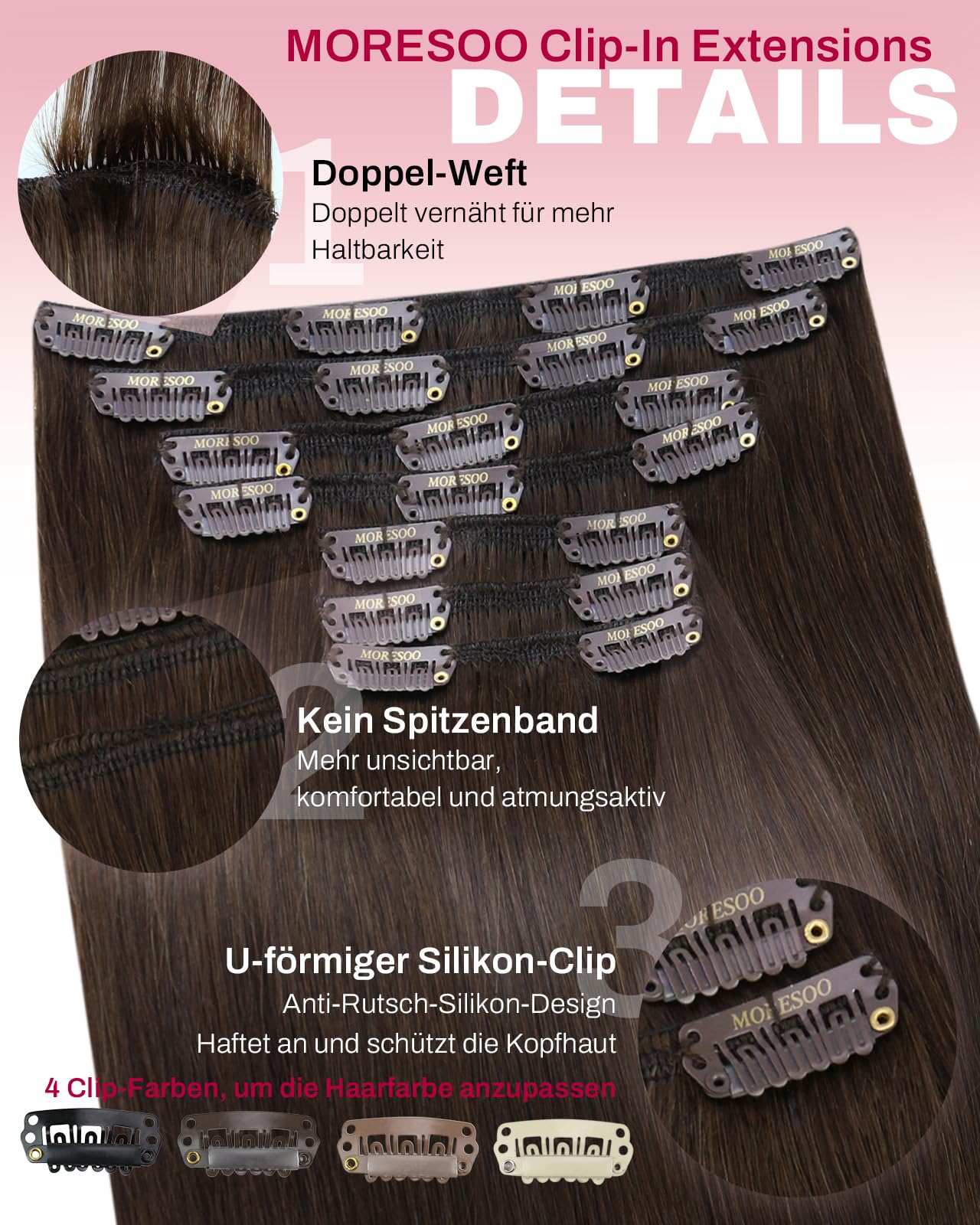 Moresoo Clip in Extensions Echthaar 40 cm 135 g Nahtlos Seidig Dick 7 Stück | Remy Echthaar,Dunkelbraune Farbe,Seidig Glatte Struktur,Natürlicher Übergang,Mehr Volumen Für Das Haar