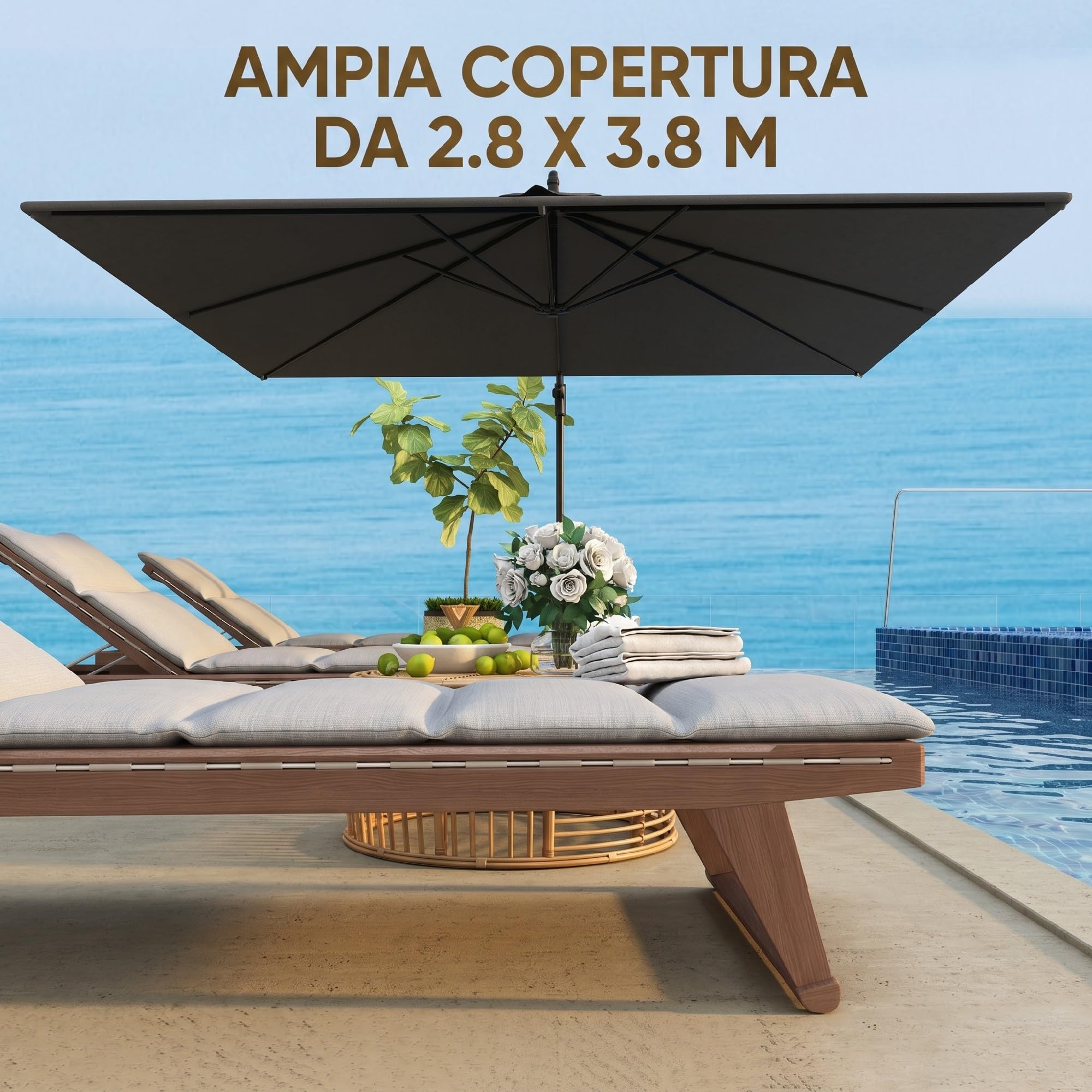 Outsunny Ombrellone Decentrato 2.8x3.8 m con Tettuccio Inclinabile Regolabile, Manovella e Prese d'Aria, Base a Croce, Ombrellone da Giardino in Metallo e Poliestere UV50+, Grigio