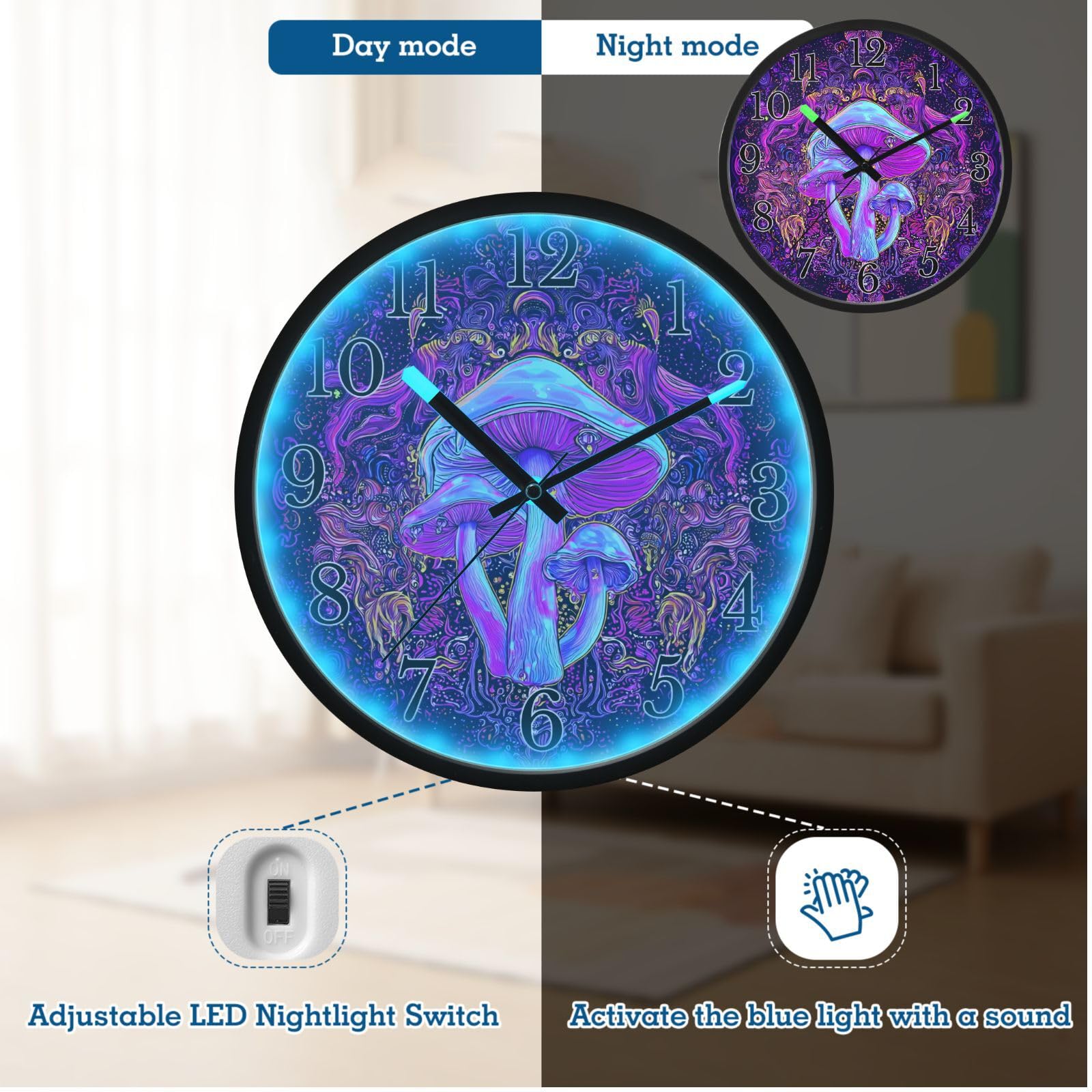 Mnsruu Reloj de pared luminoso, reloj de pared morado con forma de hongo, brilla en la oscuridad, funciona con pilas, 12 pulgadas, silencioso, sin tictac, luz nocturna para dormitorio