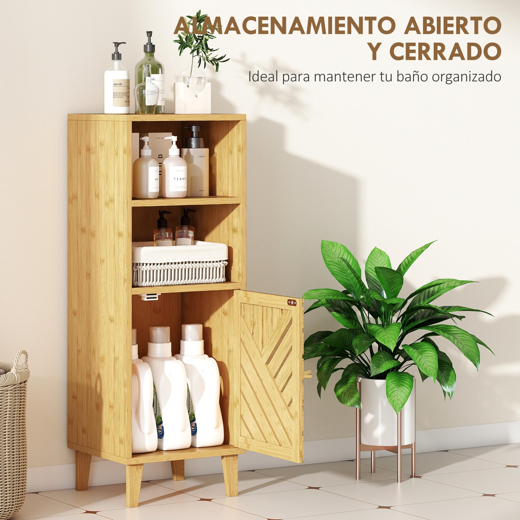 HOMCOM Armario de Baño Estrecho Puerta Patas de Bambú 32x30x90 cm Natural