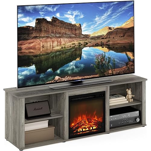 Furinno Classic 70 Inch TV Stand with Fireplace, French Oak Grey