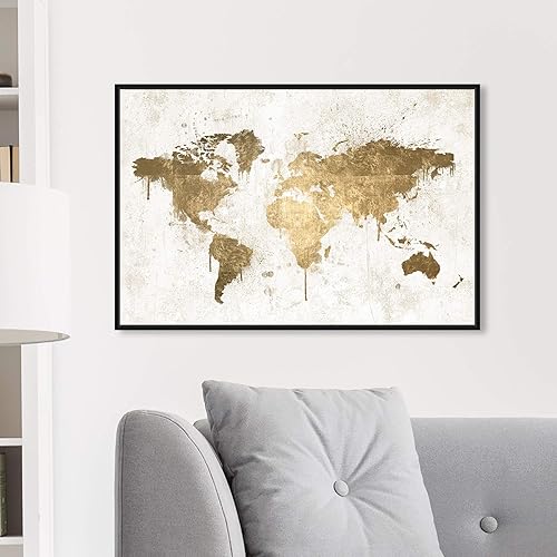 Miniatura 4 de The Oliver Gal Artist Co. Mapamundi - Lienzo enmarcado para pared, diseño de mapamundi de oro blanco