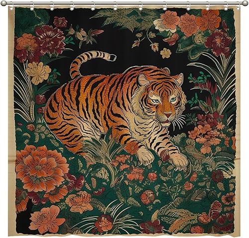 Miniatura 543 de Cortinas de ducha de baño con ganchos, 72 x 92 pulgadas, cortina de ducha de tela impermeable con diseño de flores y pájaros, cortina de ducha