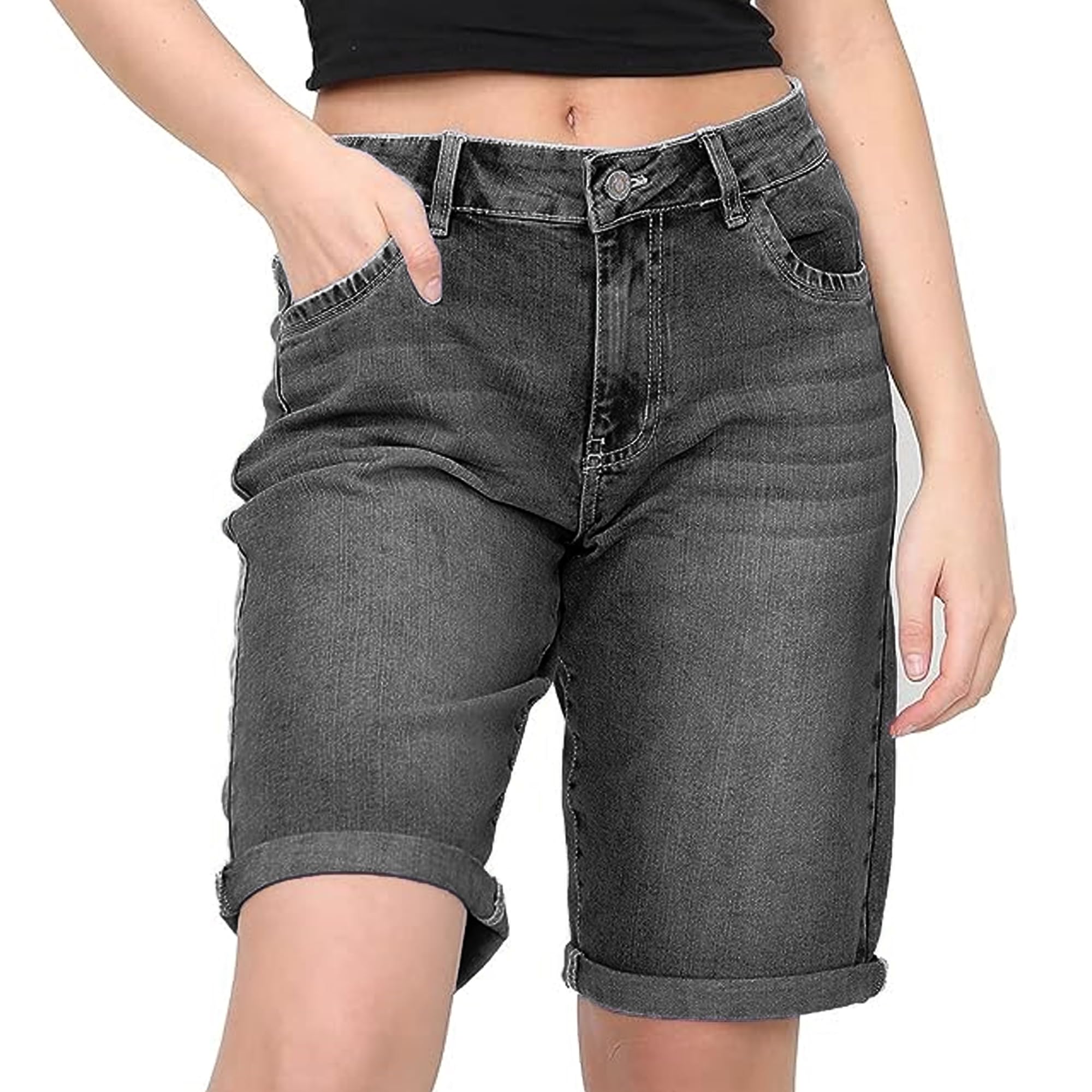 Bermuda Donna Denim NOROZE - Ginocchio, Elasticizzati, Con Risvolto E