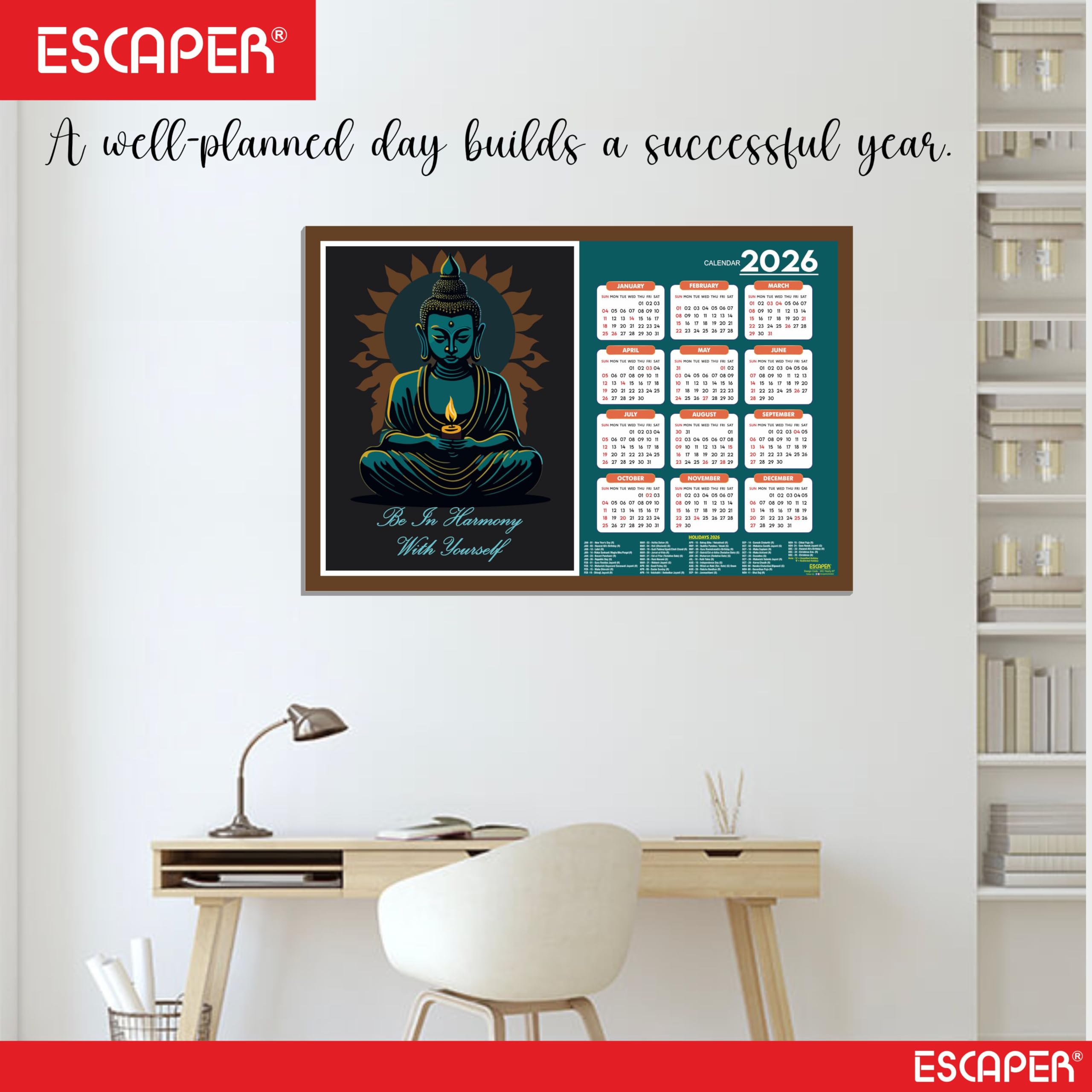 ESCAPER Buddha Yoga Wandkalender 2026 - 30,5 x 45,7 cm, Meditations- & Yoga-Wandkalender, Yogasana- & Asana-Diagramme, Yoga-Posen, Chakra-Inspiration