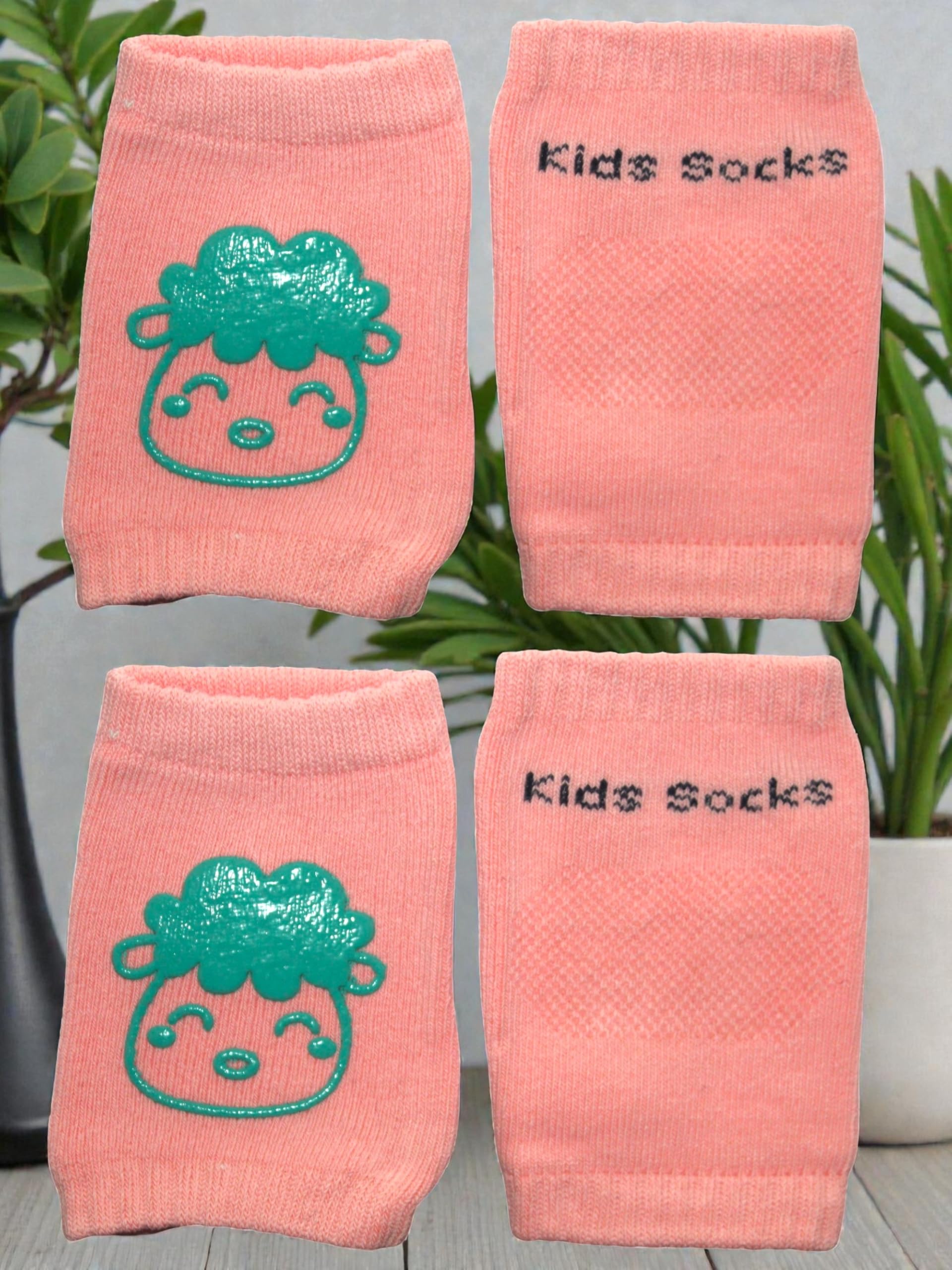 NOESPACE Kids Anti-Slip Knee Pads, Pink Cotton Cushioned Crawling Protectors with Cute Cartoon Design, Non-Skid Safety Socks for Babies and Toddlers, 0-36 Months, Pack Of 2 Pair 1