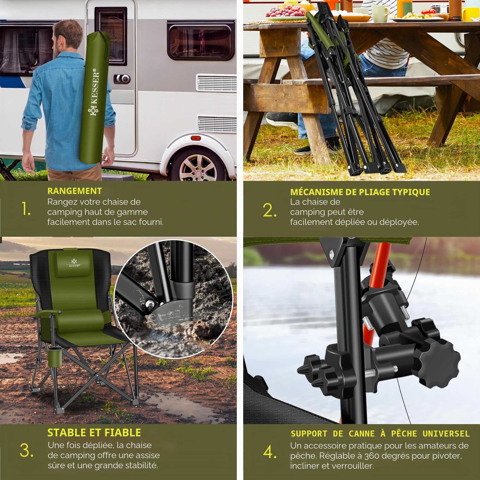 KESSER® Chaise de camping pliable jusqu'à 160 kg, Chaise de pêche pliante rembourrée avec accoudoirs, Lampe de camping et porte-gobelet + sac à dossier haut, Chaise de plage avec support de pêche