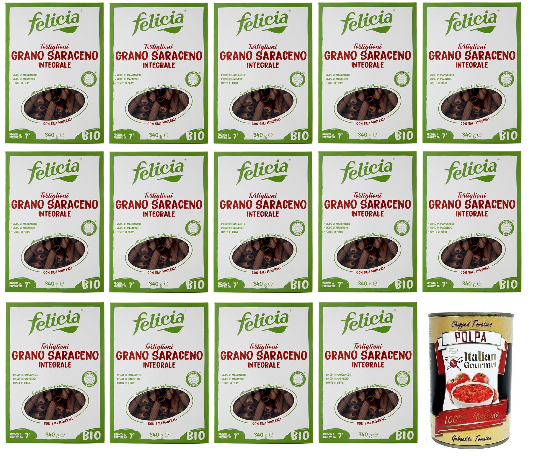 14 x Felicia Tortiglioni di Grano Saraceno Integrale,Pasta con trigo sarraceno 100% orgánico, orgánico y natural, sin gluten, paquete de 340 g + lata italiana gourmet Polpa di Pomodoro de 400 g