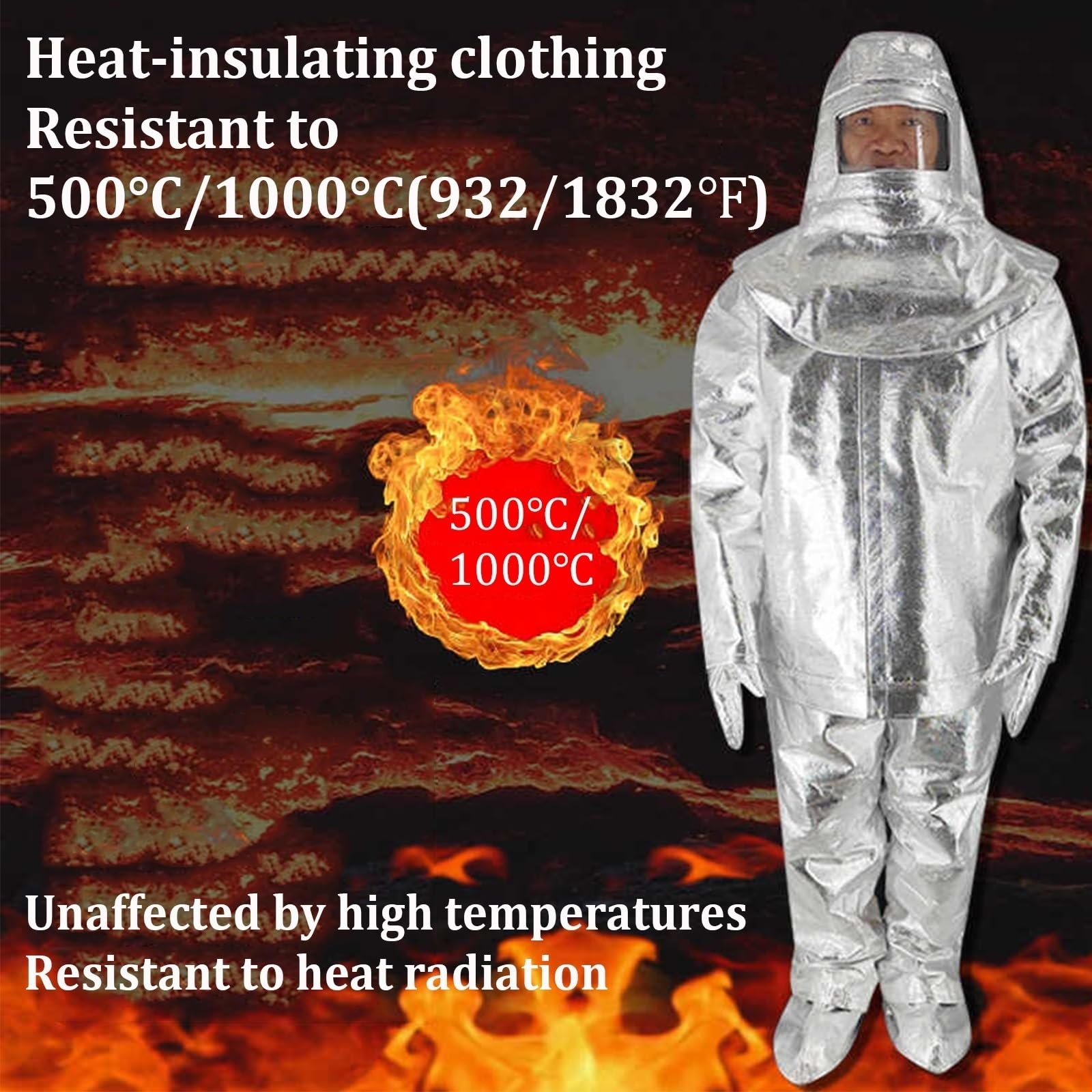 Hitzeschutzanzug bis 1000℃, Anzug aus Aluminiumfolien-Verbundmaterial, feuerfester Hitzeschutzanzug, 180° weites Sichtfeld, für Feuerwehr, Metallurgie, Industrie und Gewerbe