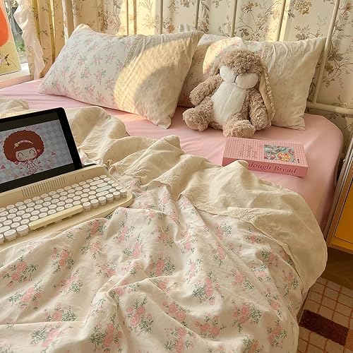 Miniatura 9 de Juego de funda de edredón floral azul, tamaño Queen, de algodón suave, estilo bohemio, estilo campestre, estético, desgastado y elegante, con patrón