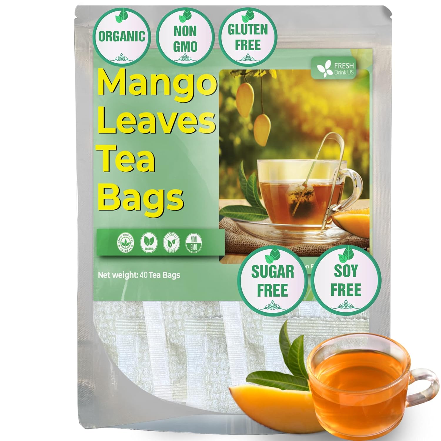 Premium Handmade 40 Mango Leaf Tea Bags, Pure, Organic, NonGMO, 100 Mango Leaves