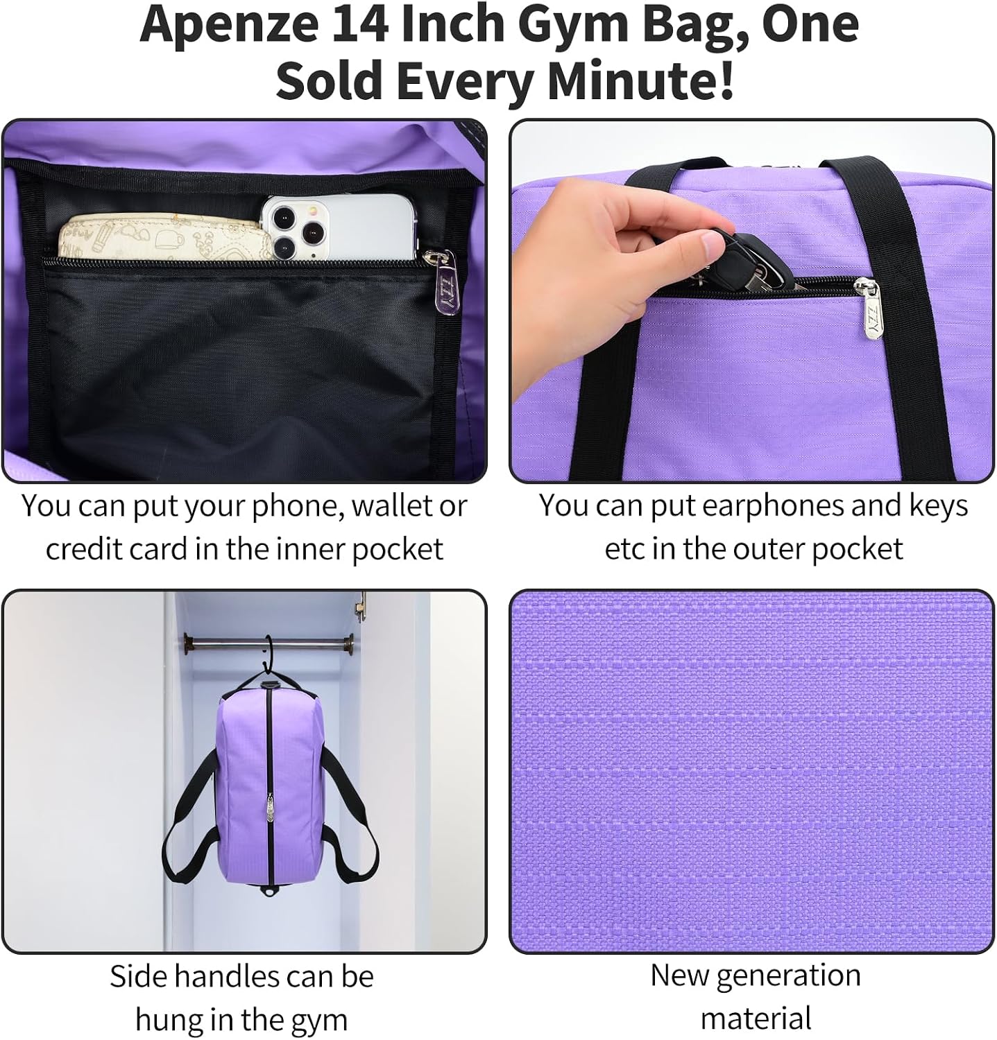 Apenze Small Gym Bag 14 inch lightweight Carry On Mini Duffel Bag for Travel Sport - Purple