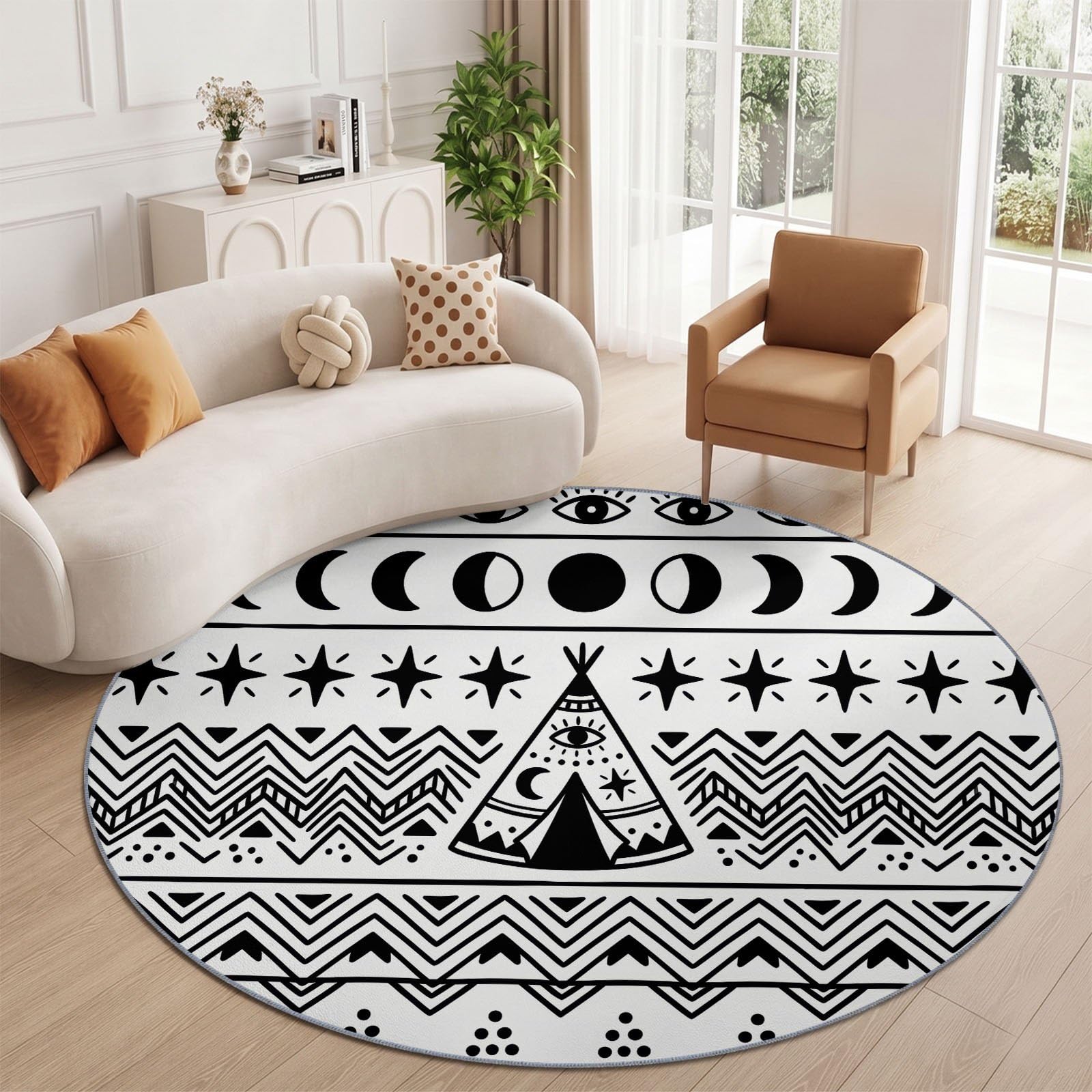 Bohemisch Ethnisch Teppich Rund Kurzflor - 160 cm Waschbare Weich Teppiche Wohnzimmer Schlafzimmer, Geometrisch Mond Sterne Linien rutschfest Runder Teppich Kinderzimmer Bettvorleger, Schwarz
