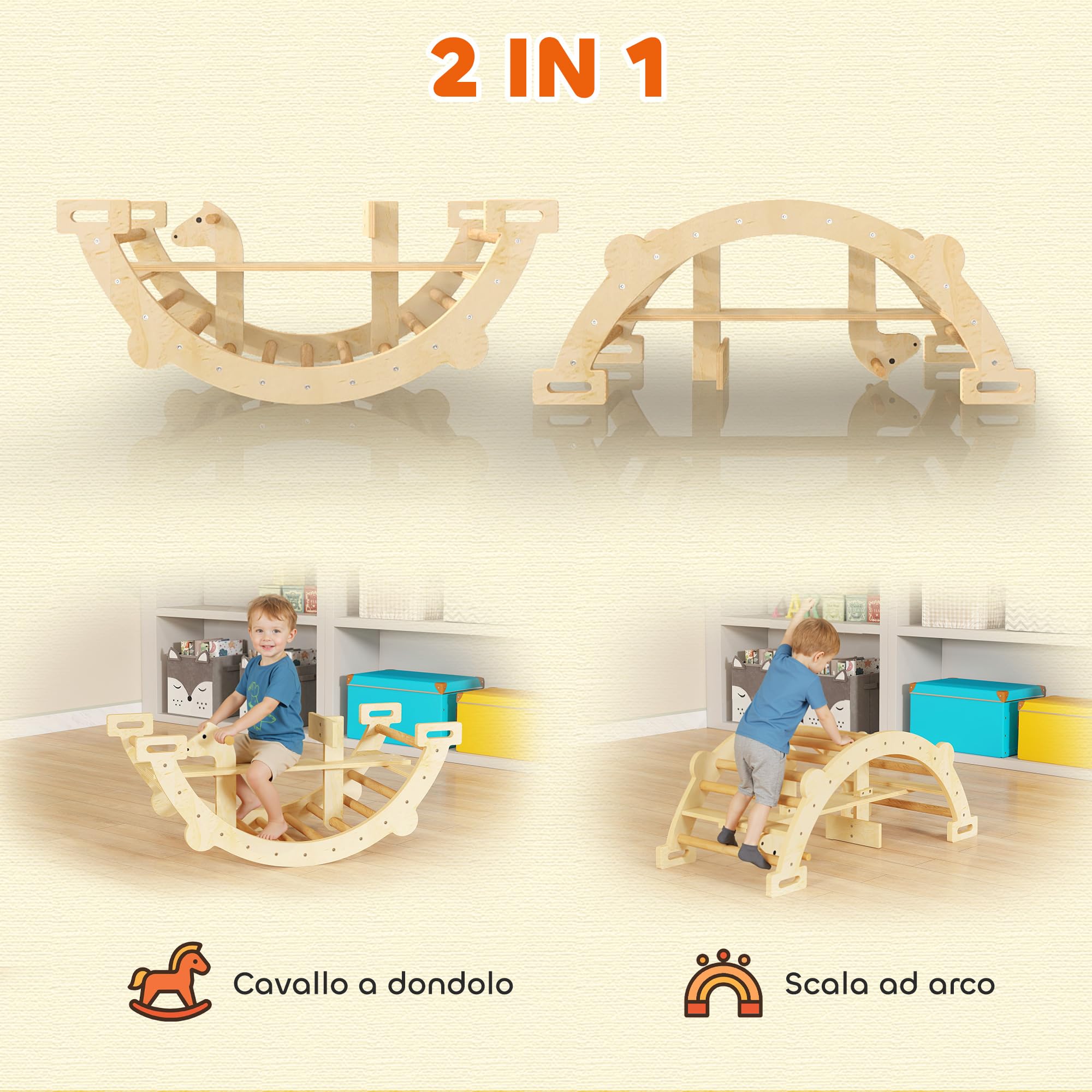 AIYAPLAY Arco Montessori per Bambini 2-4 Anni Convertibile in Dondolo, Gioco Arrampicata in Legno, 110x52x45 cm, color Legno