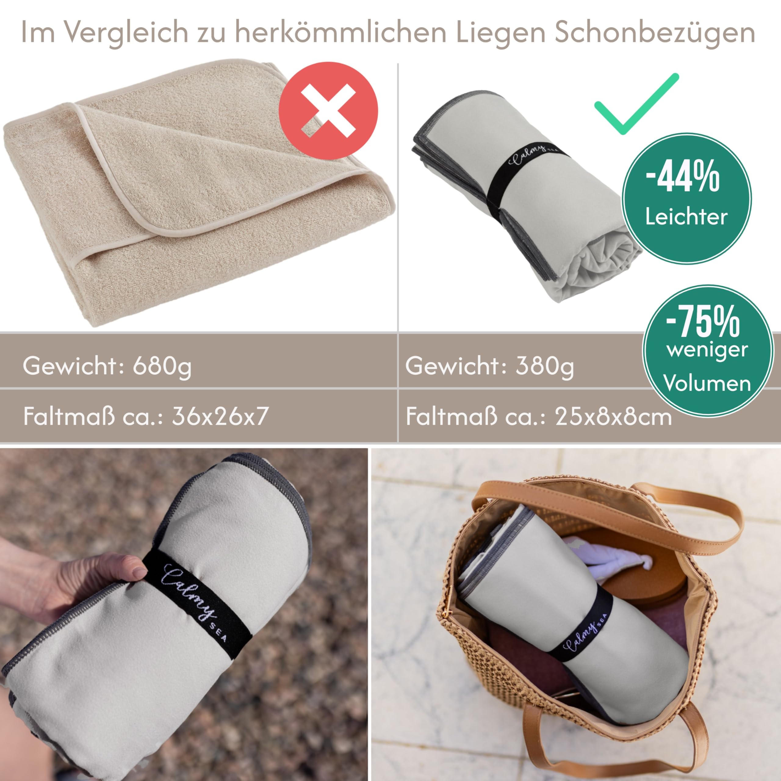 2X Handtuch für Sonnenliege - 200x75cm mit Kapuze Microfaser Light Weight Schonbezug für Gartenliege Handtücher mit Umschlag Liegestuhl Bezug Strandliege (Hellgrau, 2 Stück)