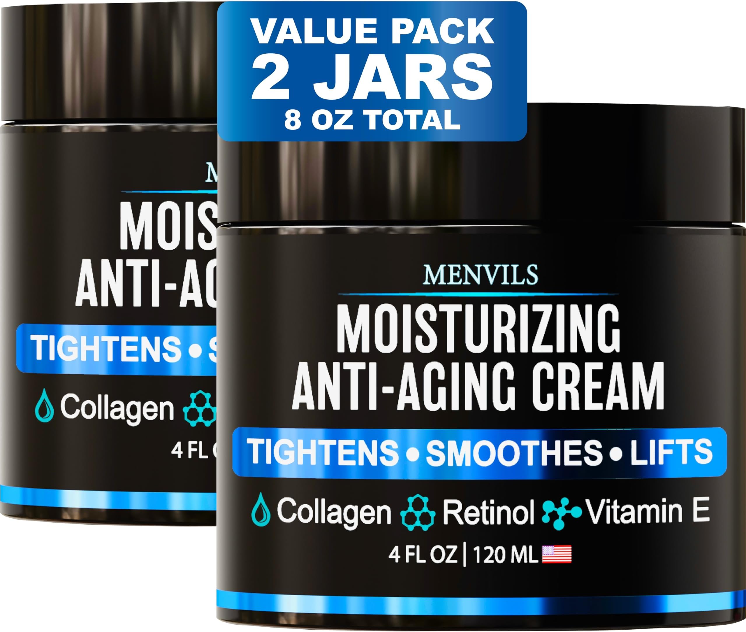 (2 Pack) Mens Face Moisturizer Cream - Anti Aging & Wrinkle for Men with Collagen, Retinol, Vitamins E, Jojoba Oil - Face Lotion - Age Facial Skin Care - Eye Wrinkle - 8 oz Total