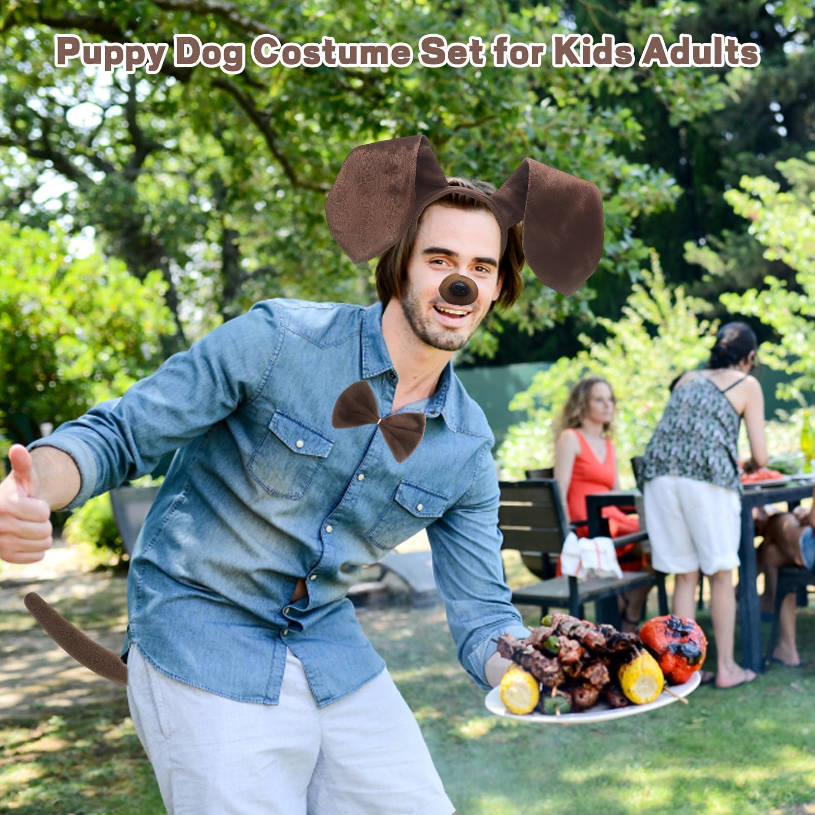 5-Piece Dog Man Costume Set, Dog Costume for Adults Brown Tutu and Slinky D0g Cos-tume with Ears Headband, Gloves - Image 4