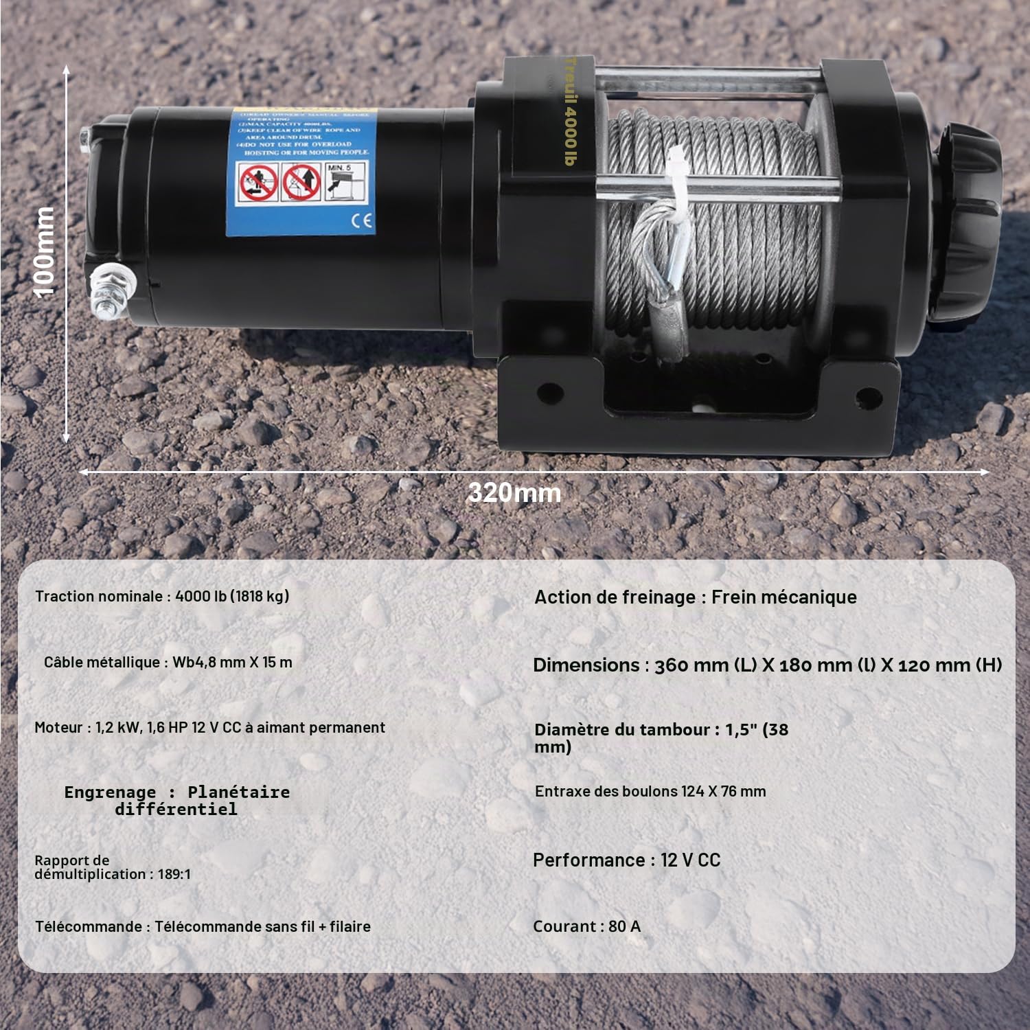 VOBOR Treuil électrique 12 V 4000 lb avec télécommande radio et interrupteur à main, treuil électrique et treuil de levage pour bateau, ATV et chasse (4,8 mm x 15 m)