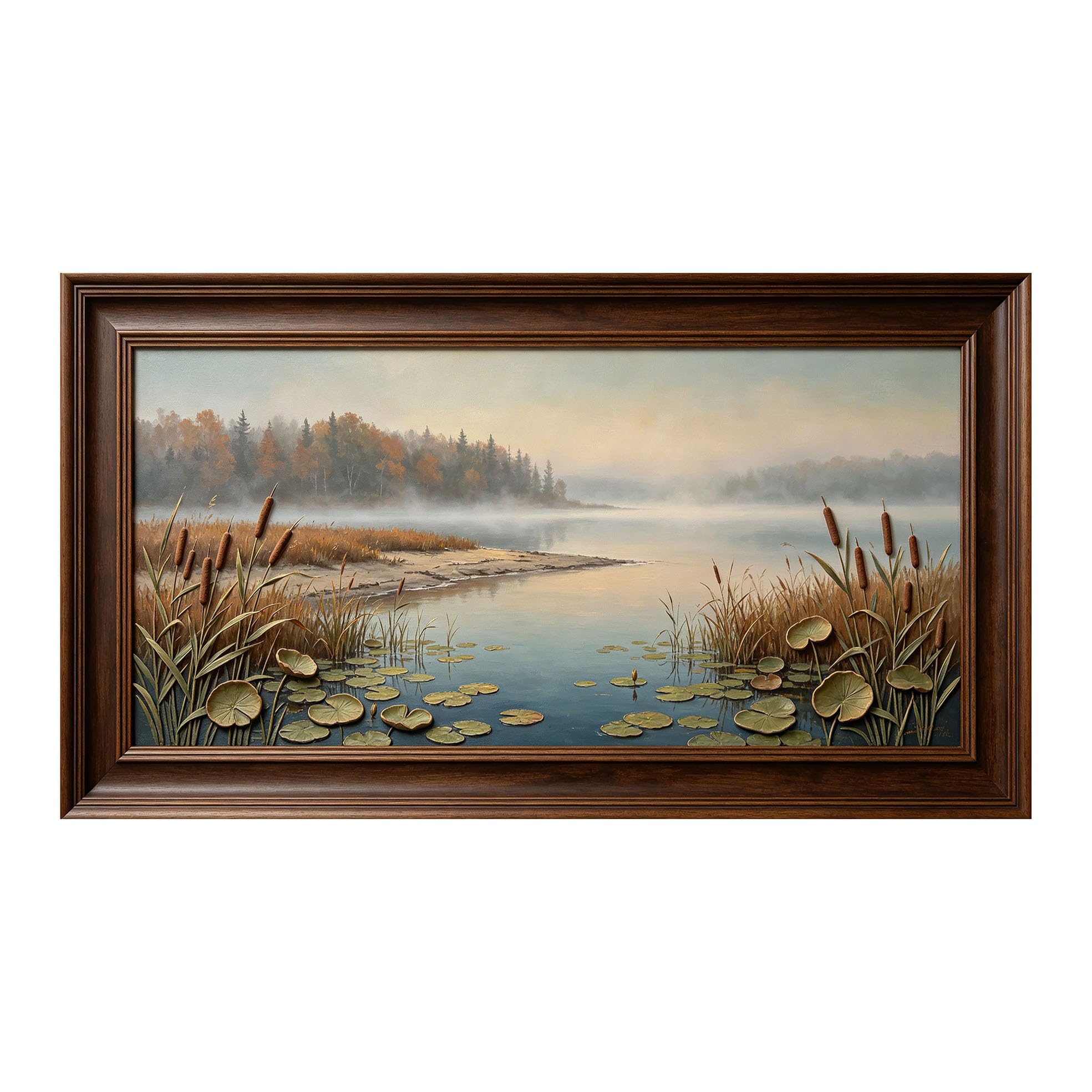 Yzpallescene 3D Framed Wall Art 50cm×100cm Misty Lake Shoreline Panoramic Oil Painting Relief Effect Large Size SelfAdhesive Removable Wall Decor Prints Artwork for Living Room Bedroom Office