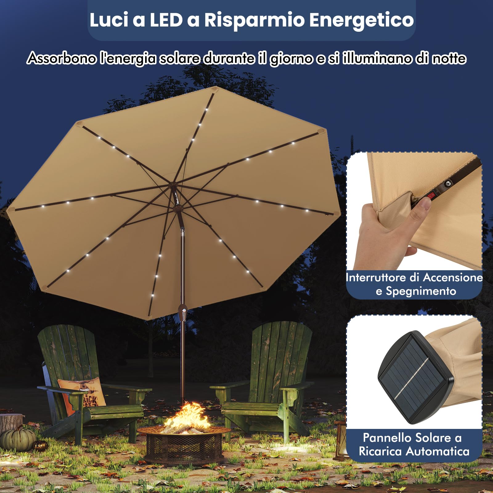 GYMAX Ombrellone da Giardino 3x3 M, con Luci LED Solare, Ombrello Inclinabile Regolabile, da Terrazzo Patio Spiaggia